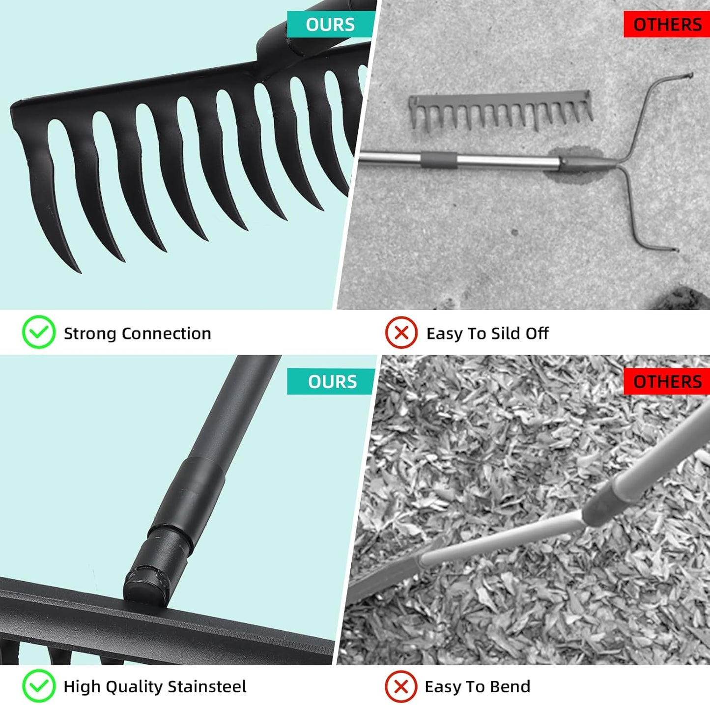 Bow Rake for Soil Leveling 60 Inch Heavy Duty Garden Tool with 12 Tines Adjustable Long Handle Thatch Rake for Gardening Loosening Soil Leveling Mulch Gathering Leaves, Black