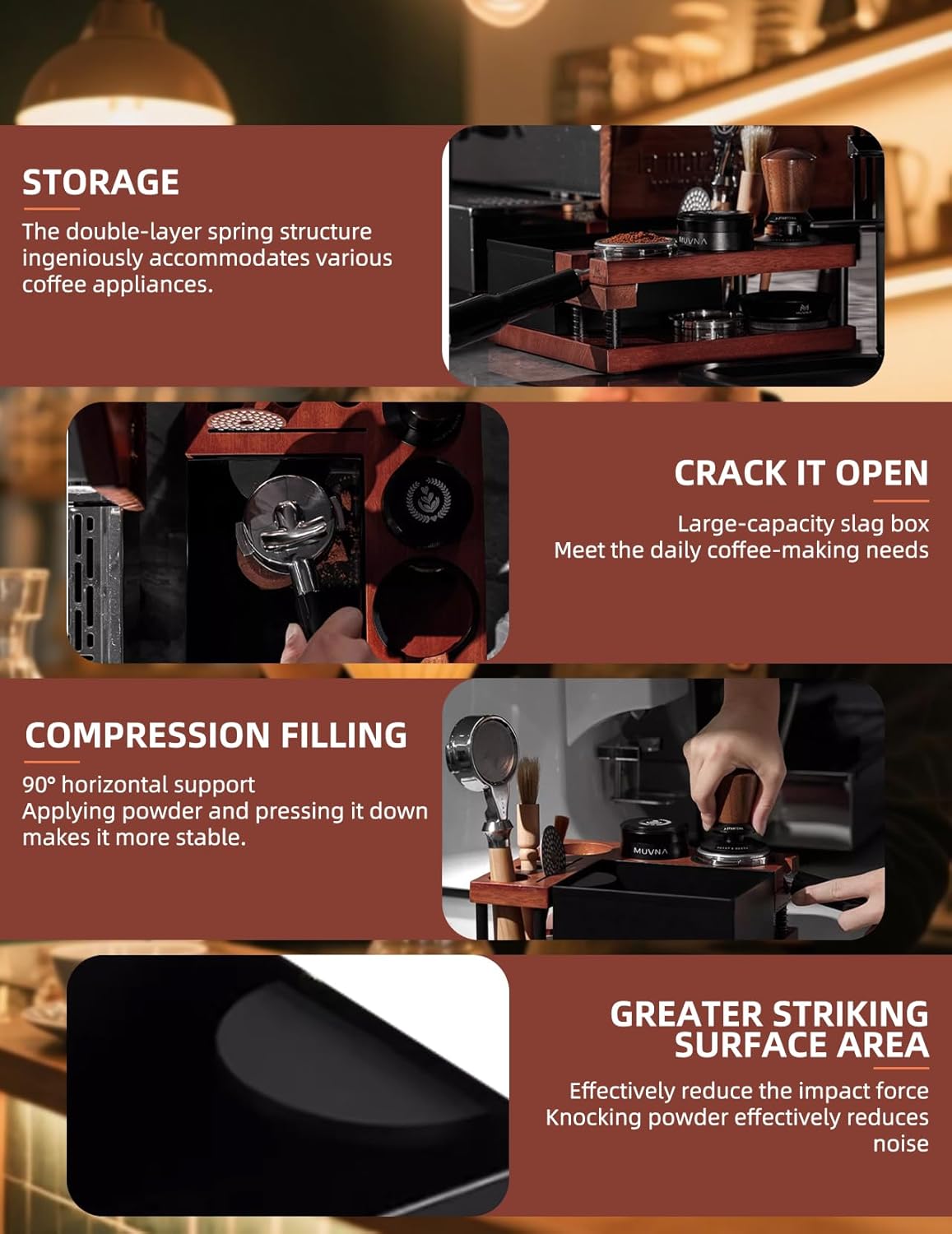 Espresso Tamping Station, Wood Knock Box with Self Leveling Spring Magnetic 51 to 58mm Portafilter Fit Tool Dock for Home Baristas, Coffee Shops