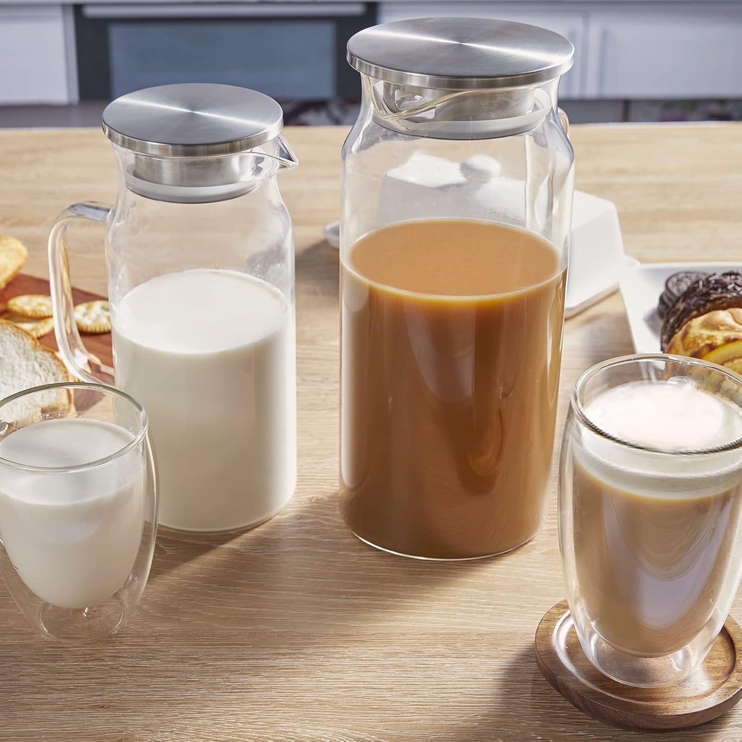 2 Liter 68 oz Glass Pitcher with Lid and Spout, Bivvclaz Glass Carafe for Hot/Cold Water, Large Iced Tea Pitcher for Coffee, Juice and Homemade Beverage