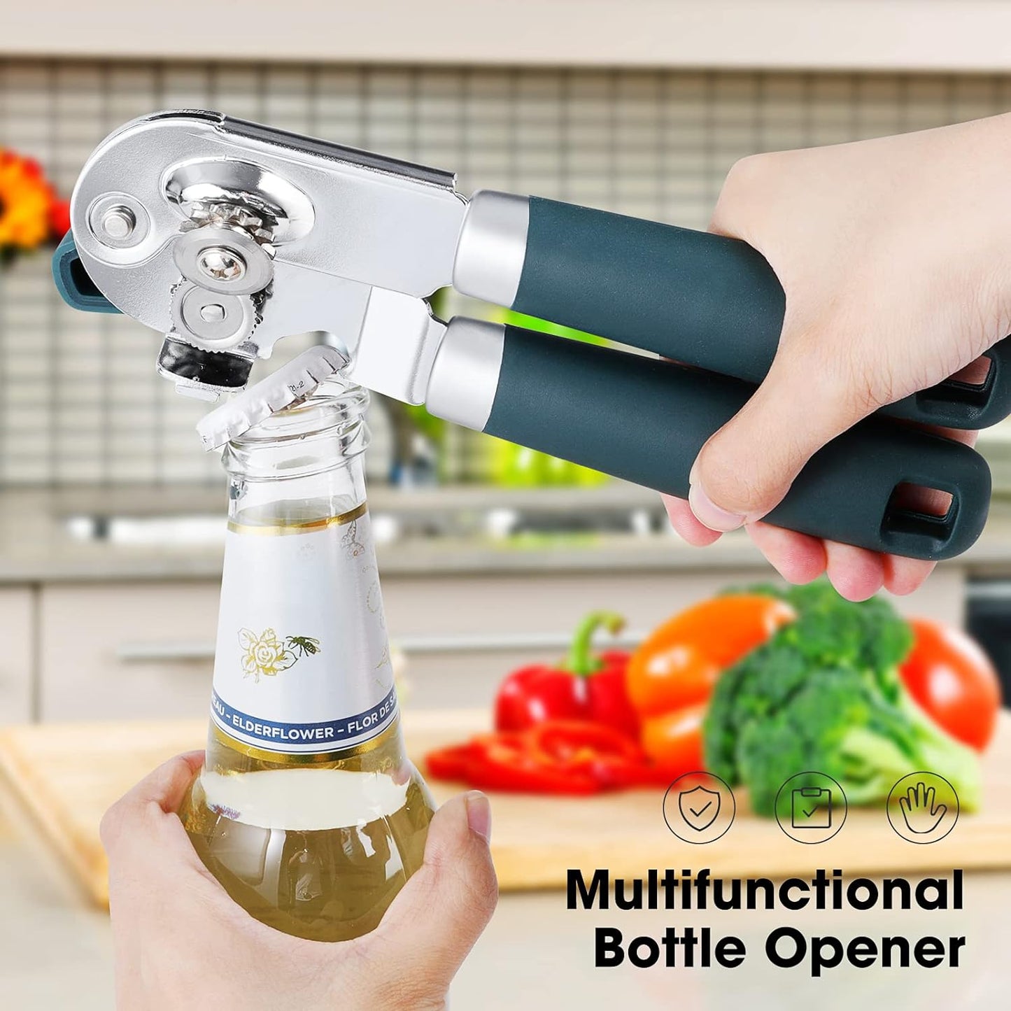 Beneno Can Opener Manual with Magnet, Hand Held Heavy Duty Can Opener with Durable Sharp Blade Smooth Edge, Big Effort-Saving Knob, Soft Grip Rubber Handle, Multifunctional Bottle Opener, Green