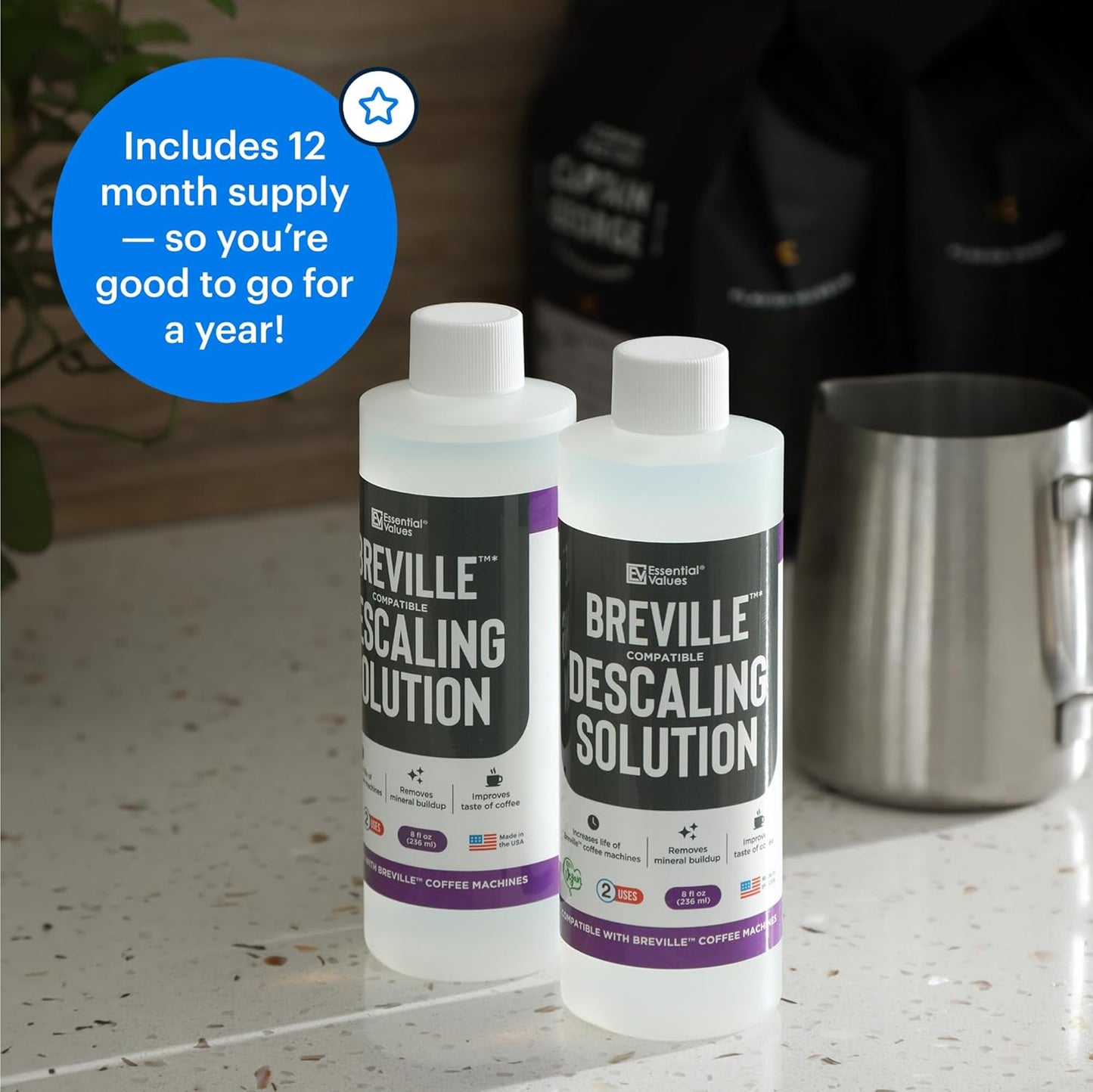 Essential Values Descaling Solution Compatible with Breville - Coffee Pot Cleaner and Descaler - Descaler Specially Formulated for Breville Coffee Machines - 12 Month Supply 2-Pack