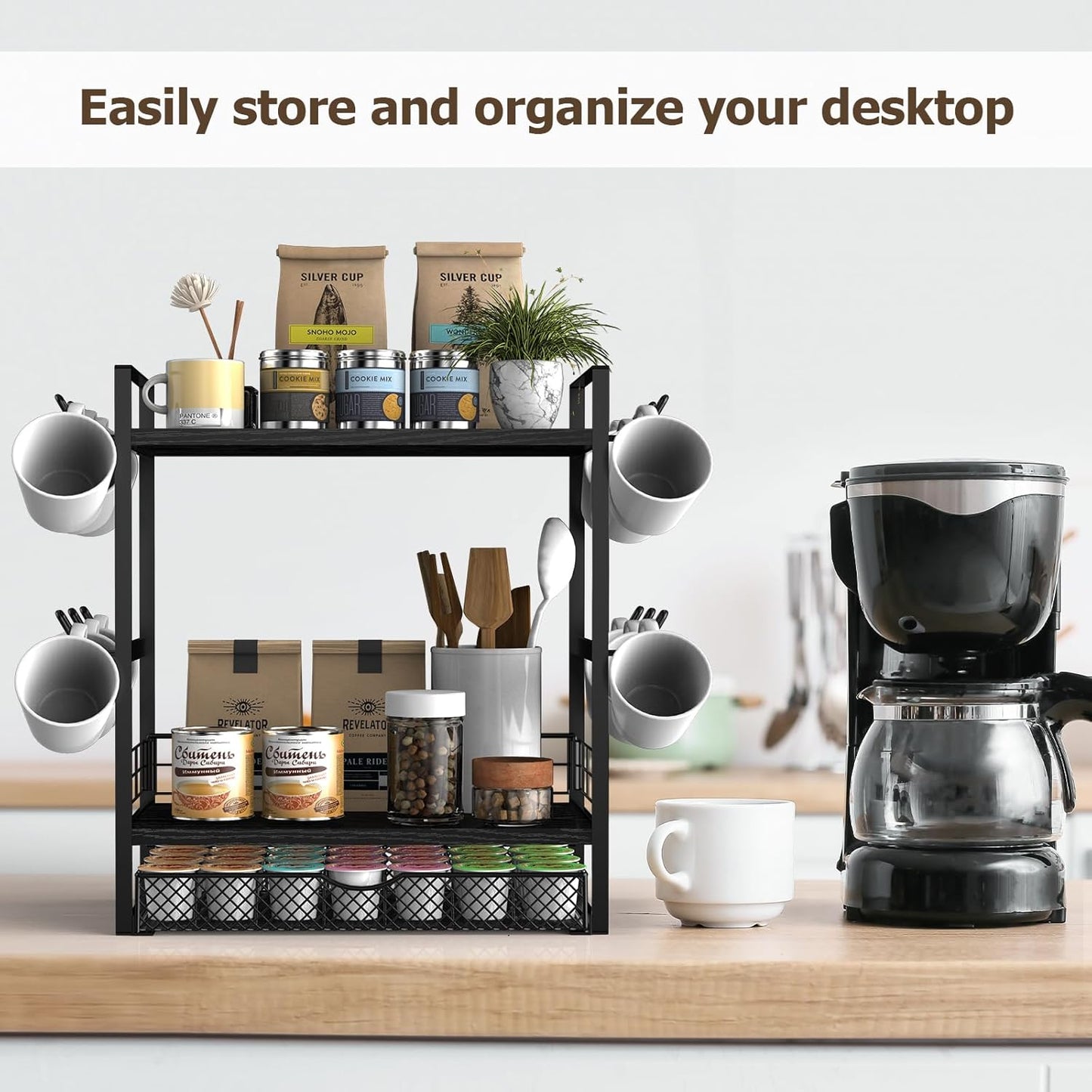 Coffee Bar Organizer, 3 Tier Station for Countertop, Mug Cup Holder Stand With 28 K Cup Storage and 12 Hooks for Kitchen, Home & Office, Black