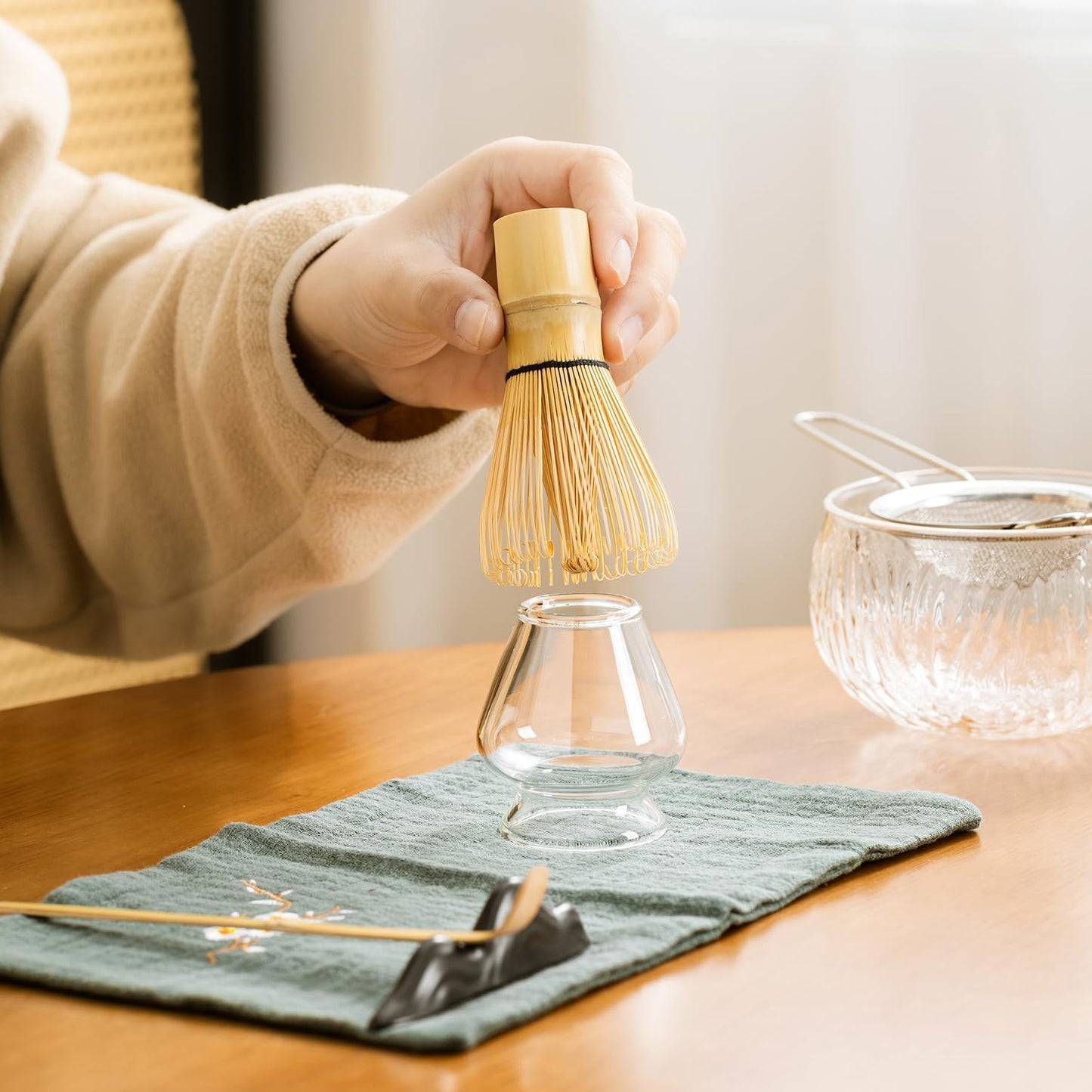 Japanese Tea Set (7pcs) Matcha Whisk Set Matcha Bowl with Pouring Spout Bamboo Matcha Whisk (chasen) Scoop (chashaku) Matcha Whisk Holder Tea Making Kit. WHITE GLASS