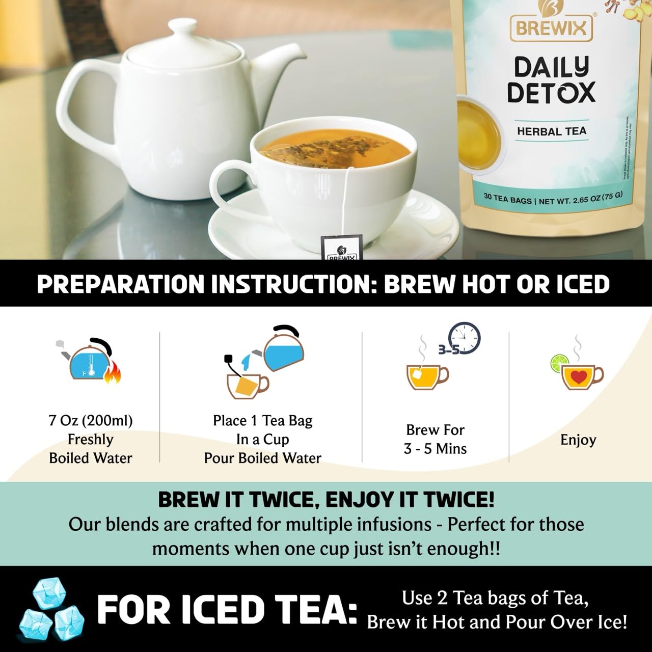 BREWIX, Ayurvedic Detox Herbal Tea Bags (30 Pyramid Tea Bags) Caffeine-Free Herbal Tea | Cleansing Formula with Traditional Ayurvedic Herbs | Supports Digestion, Balance & Daily Vitality