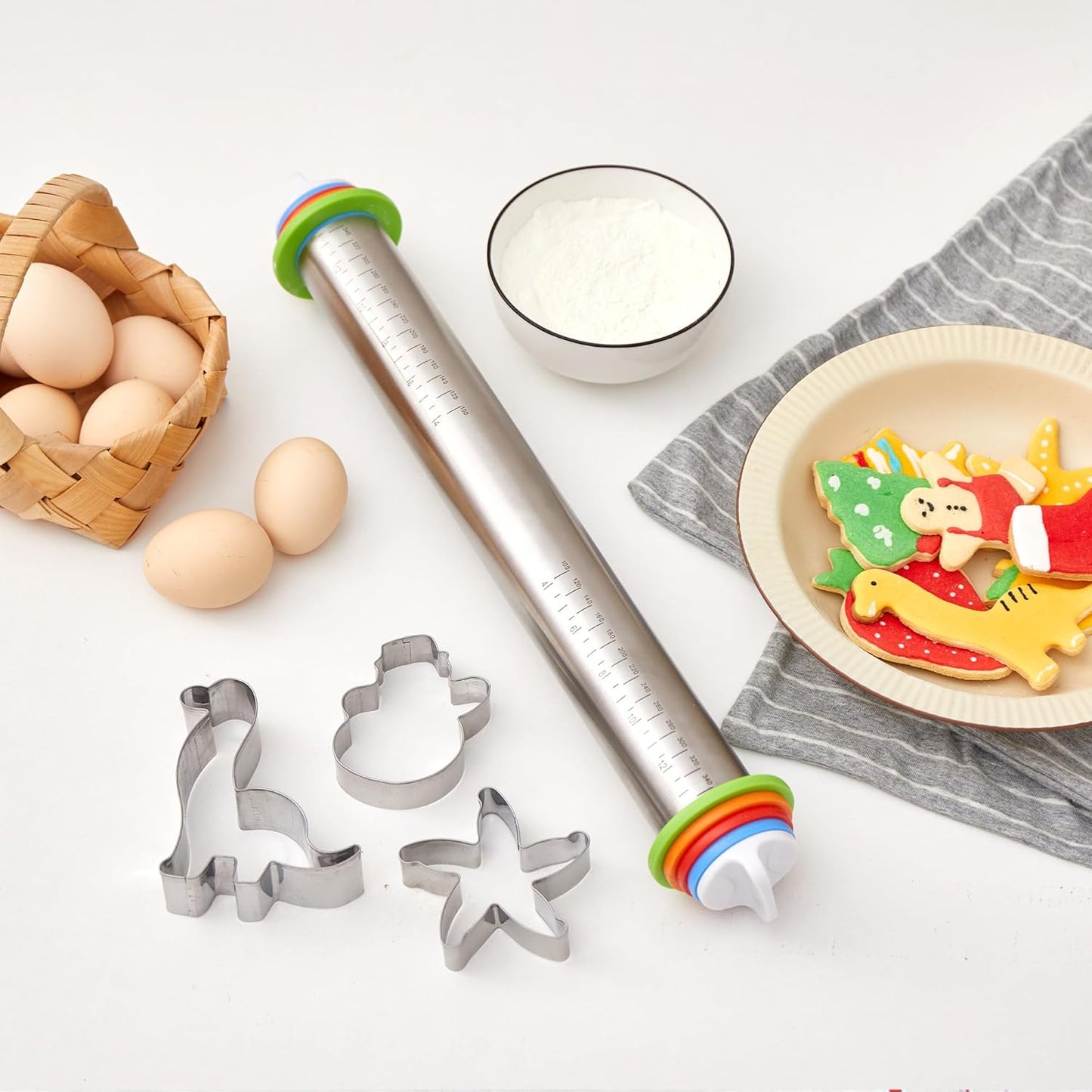 Rolling Pin with Thickness Rings, Fulimax 17" Adjustable Stainless Steel Rolling Pins for Baking, Dough Roller for Fondant Pizza, Pie, Pasta, Cookies, Cakes, Kitchen Baking Supplies