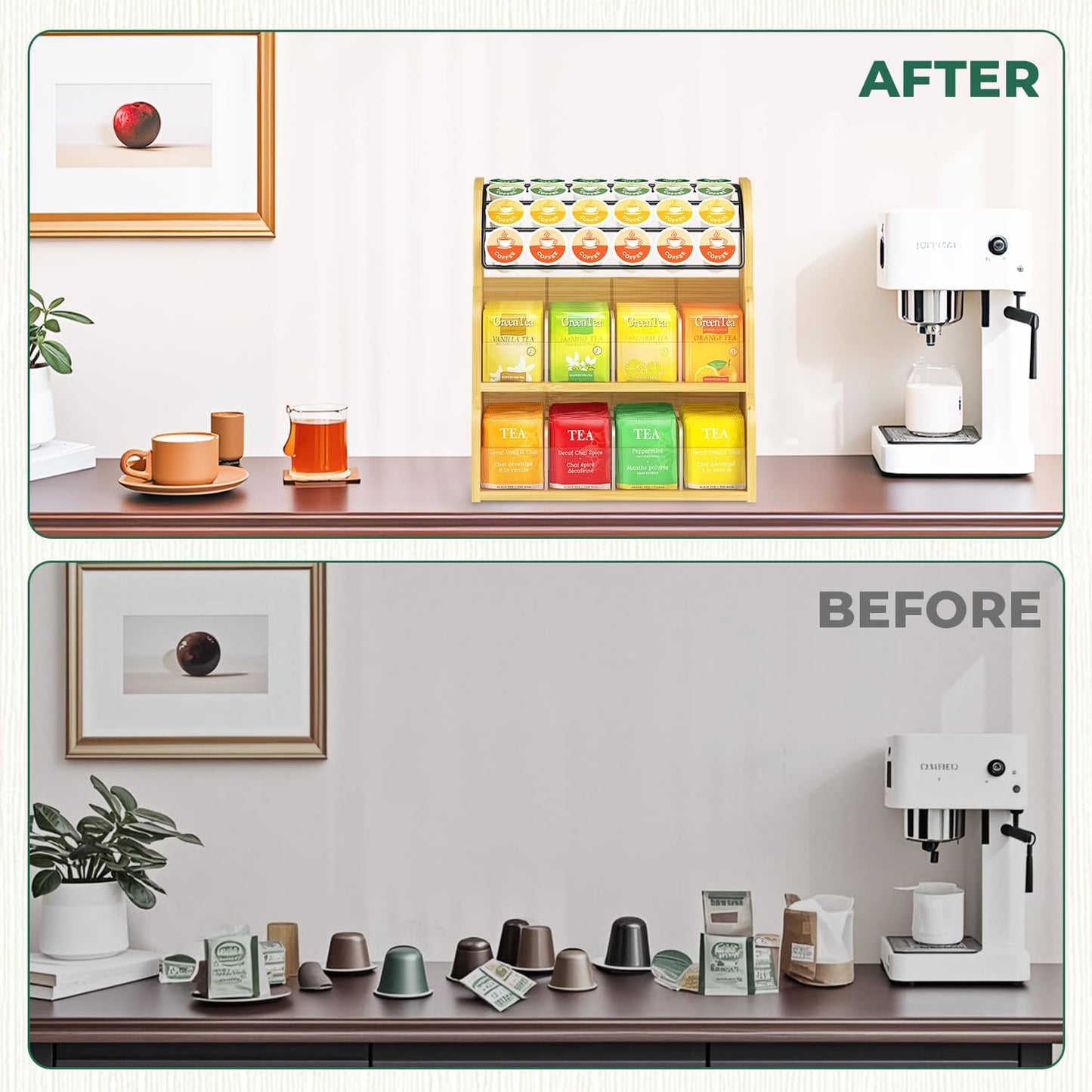 EsLuker.ly Tea Bag Holder Coffee Pod Organizer for Countertop Cabinet, Bamboo 3 Tier Teabag Packet Display Shelf and K Cups Rack Stand for Tea Bar & Coffee Station Storage, Save Space Elegantly