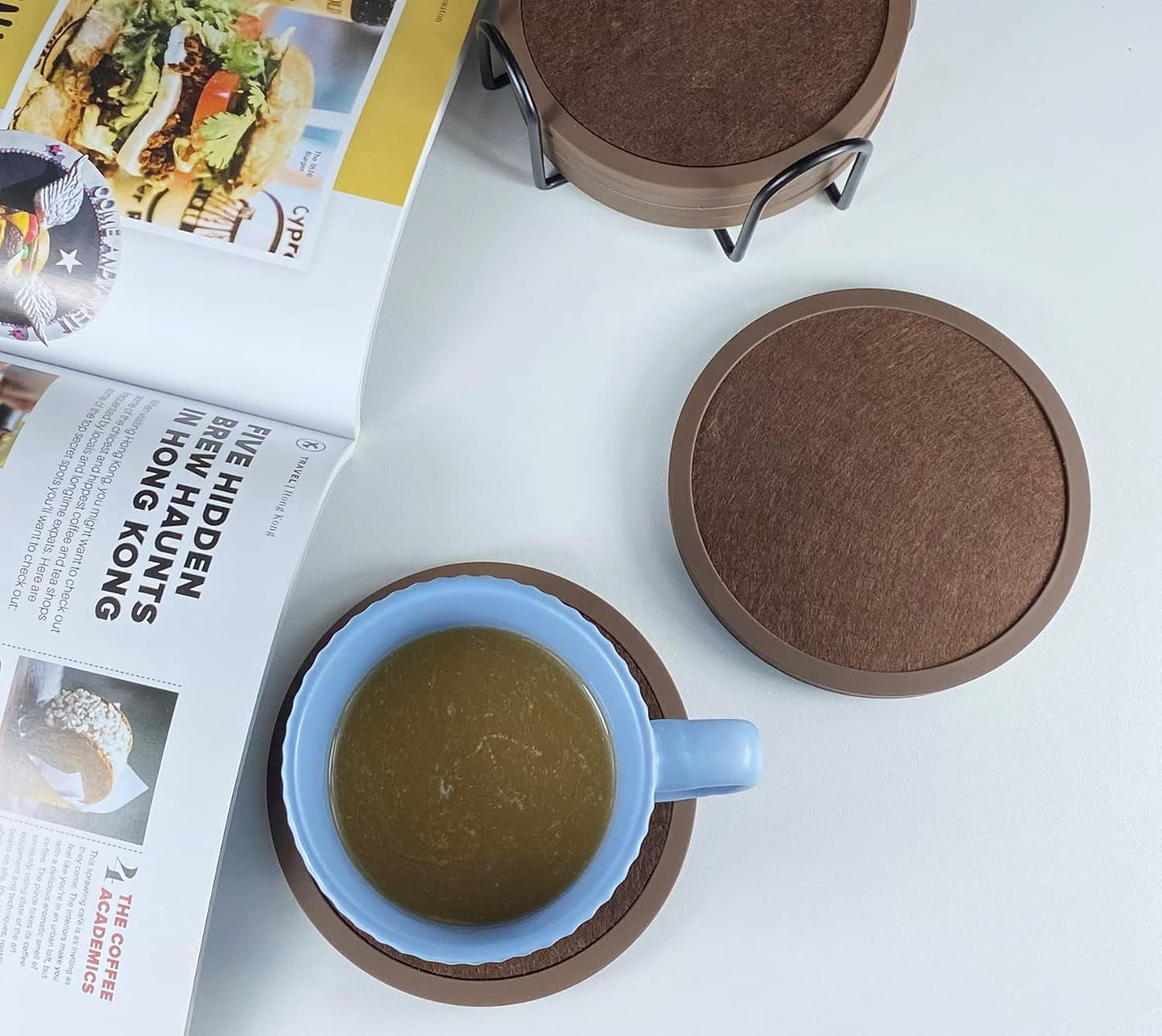 Absorbent Coasters for Drinks - 6packs, Silicone Coasters with Soft Felt Insert (4.3inch, Brown)