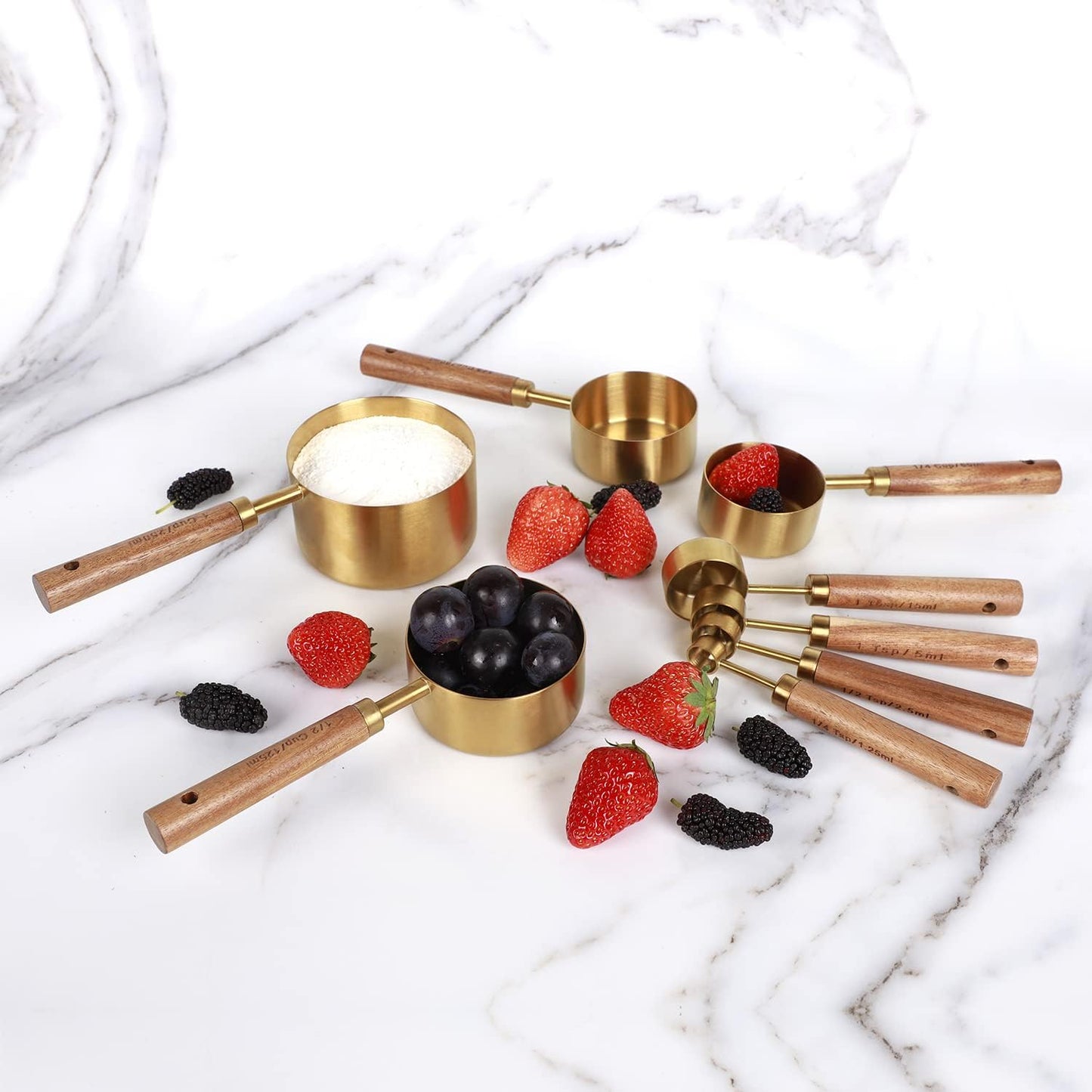 Collection 8 Piece Gold Measuring Cups Set and Measuring Spoons, Golden With fragrant wood Handles-Complete Set of Measure Cups and Spoons For Cooking and Baking.…