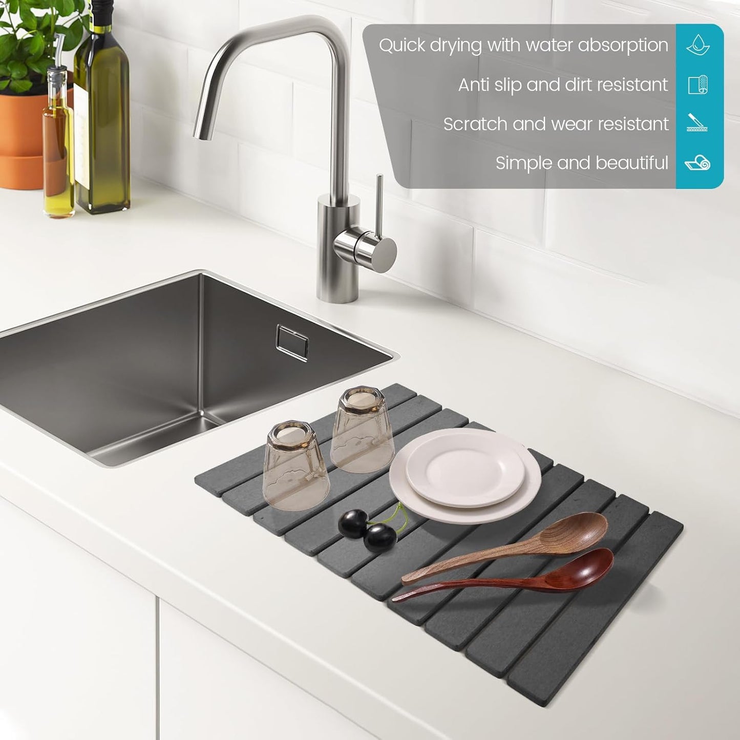 Extral Large Quick Dry Stone Drying Mat for Kitchen Counter,24"(L)x16"(W) Collapsible Eco-Friendly Absorbent Diatomaceous Earth Mat for Dishes Cups,Dish Drying Mats for Any Countertop 