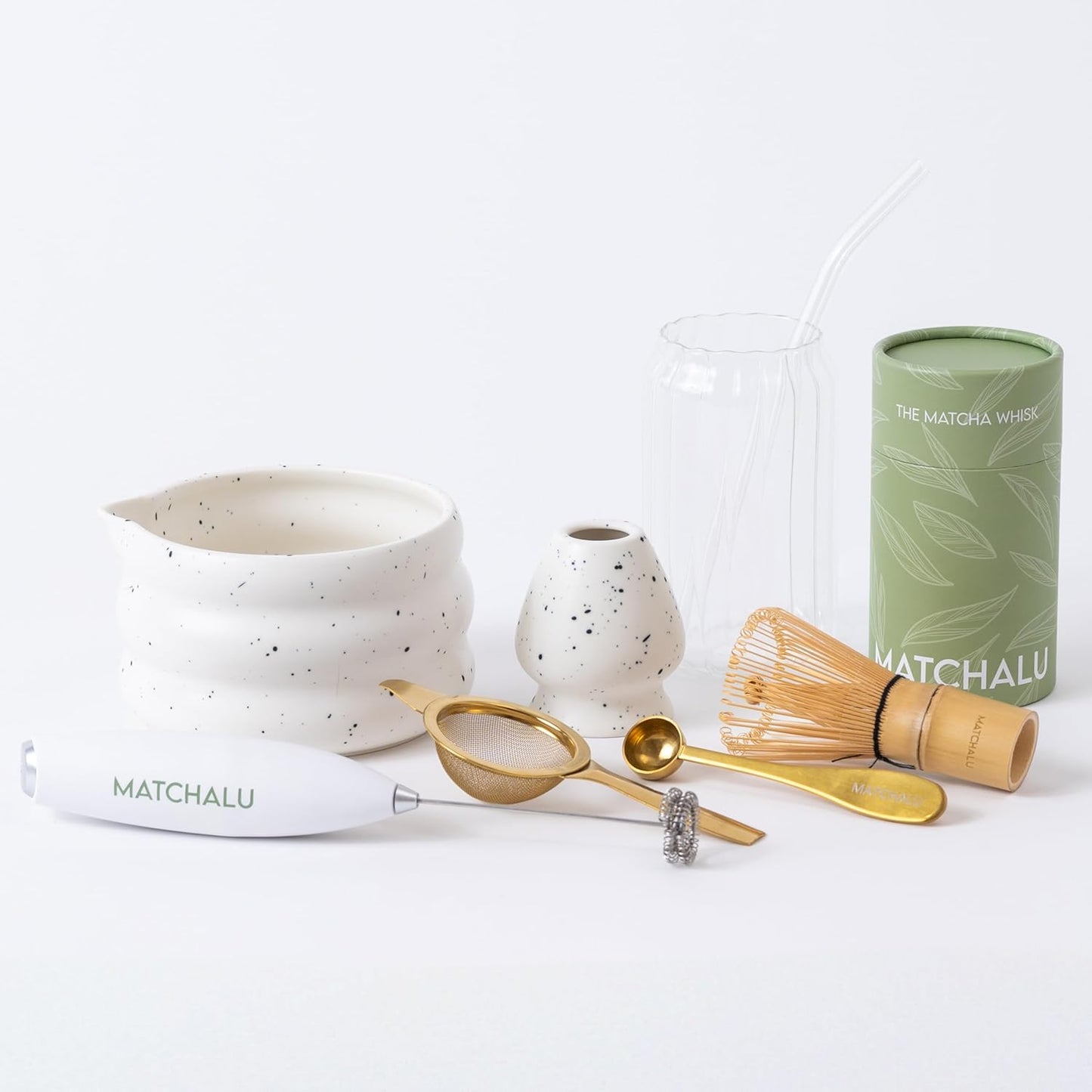 Premium 9 Piece Matcha Set Includes Ceramic Matcha Bowl, Bamboo Whisk & Holder, Stainless Steel Spoon & Sifter, Glass Cup & Straw, Electric Frother, Storage Bag - Gift for Matcha Lovers (White)