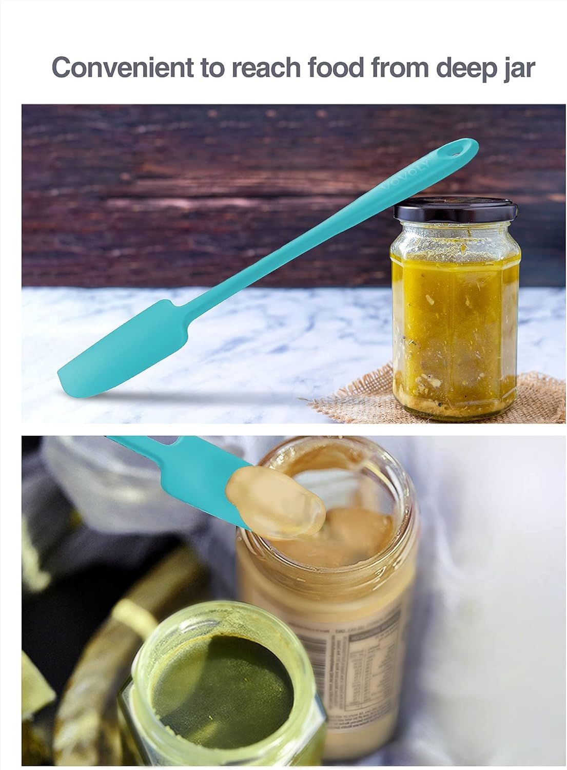 2-Pack Vovoly Silicone Jar Spatulas, Small Seamless Design Rubber Scraper with Stainless Steel Core, Heat Resistant and Non-Stick Mini Spatula for Jars and Blenders, BPA Free,11 IN, Teal