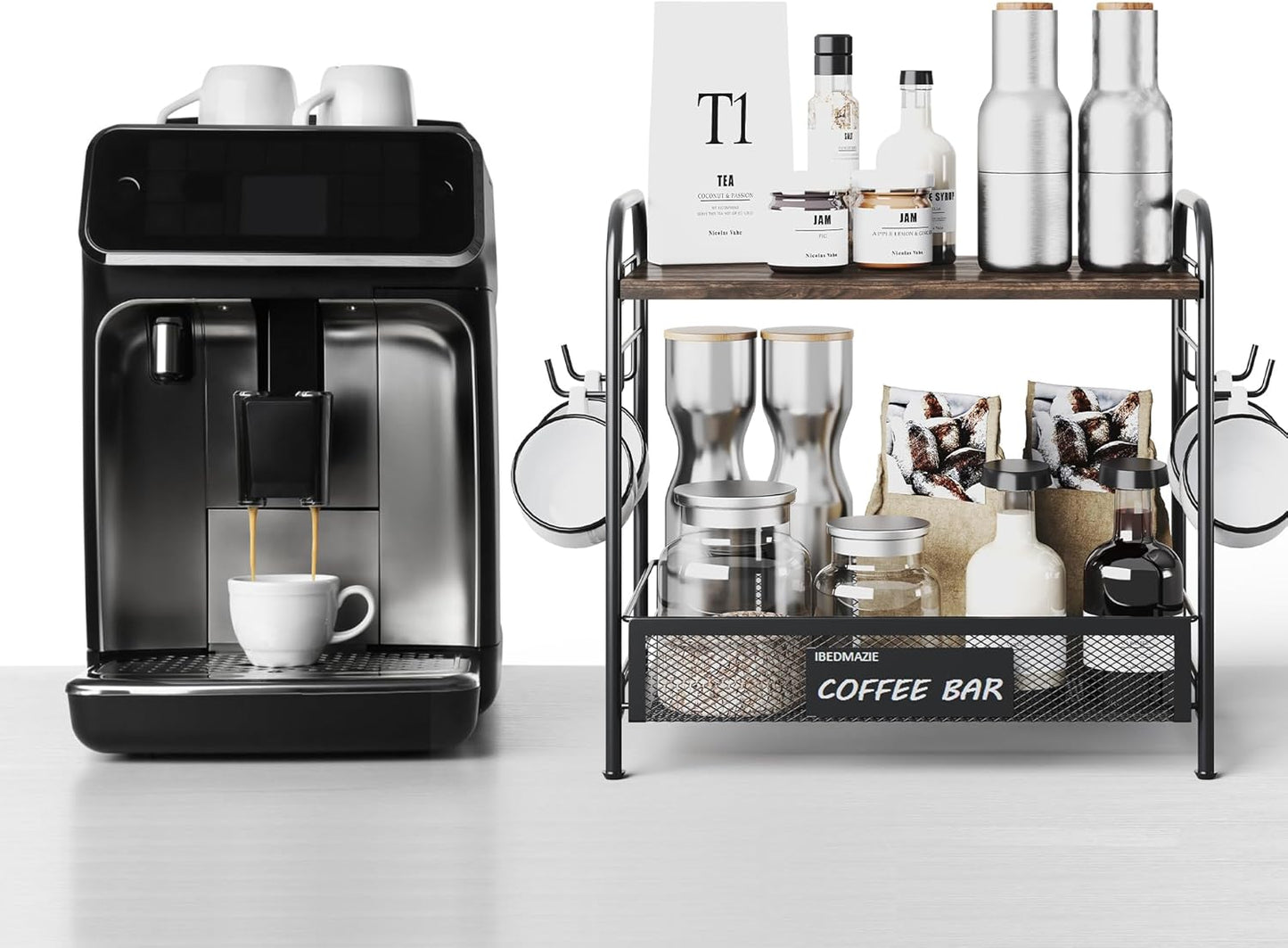 Coffee Bar Organizer for Countertop Station, Simple Assembly 2 Tier Shelf for Home,Office, Coffee Cup Holder Storage Organization for Counter Accessory Storage Rack with 4 Hooks Space-Saving