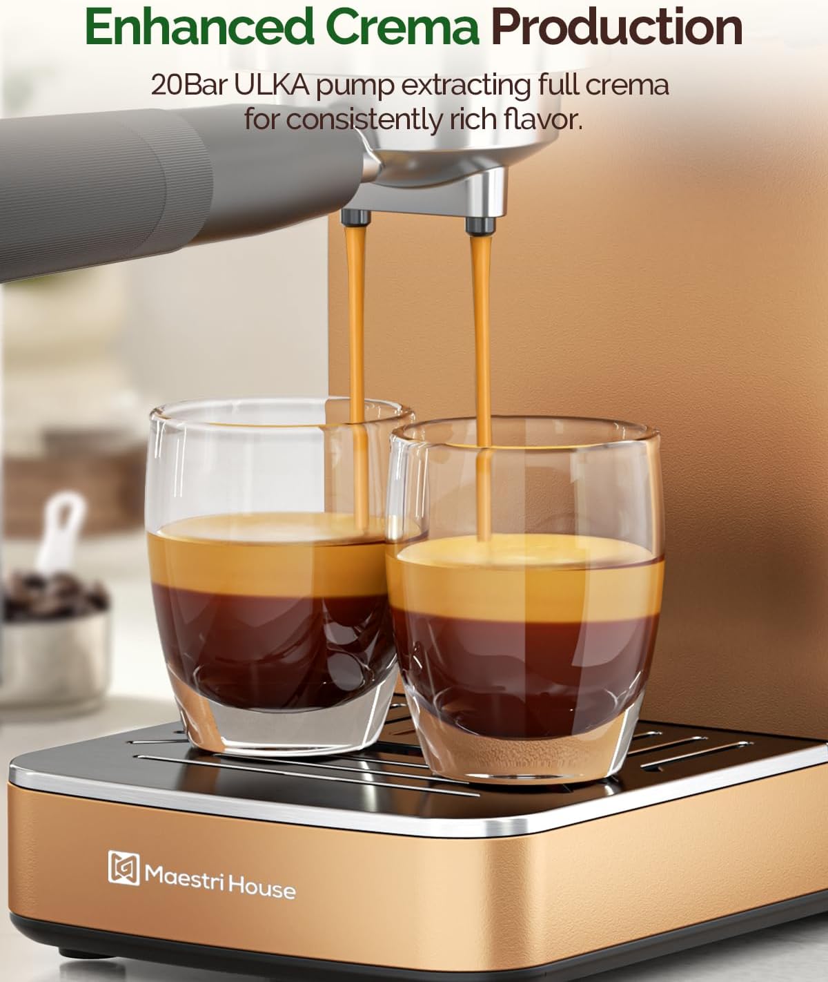 Maestri House 20 Bar ULKA Pump Espresso Machine, Compact Espresso Maker Built-in Flow Meter Steam Milk Frother, Stainless Steel Coffee Machine for Cappuccino, Latte, Rose Golden