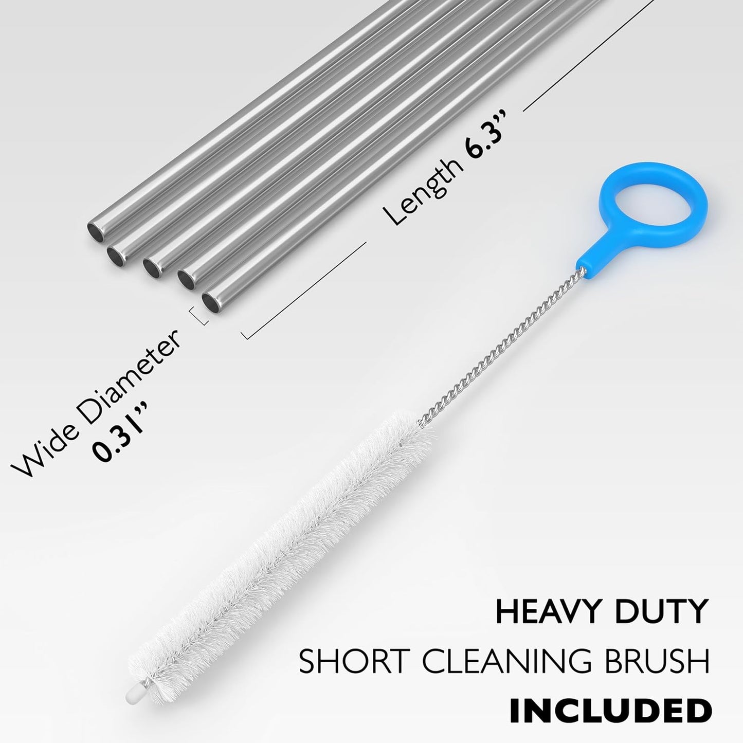 5 Short Wide Stainless Steel Straws with Cleaning Brush. 6.3" Long Metal Cocktail Straws Reusable, 12-14 oz Tumblers, Kids Smoothies, Shakes - Dishwasher Safe Hard Drinking Straws. SILVER