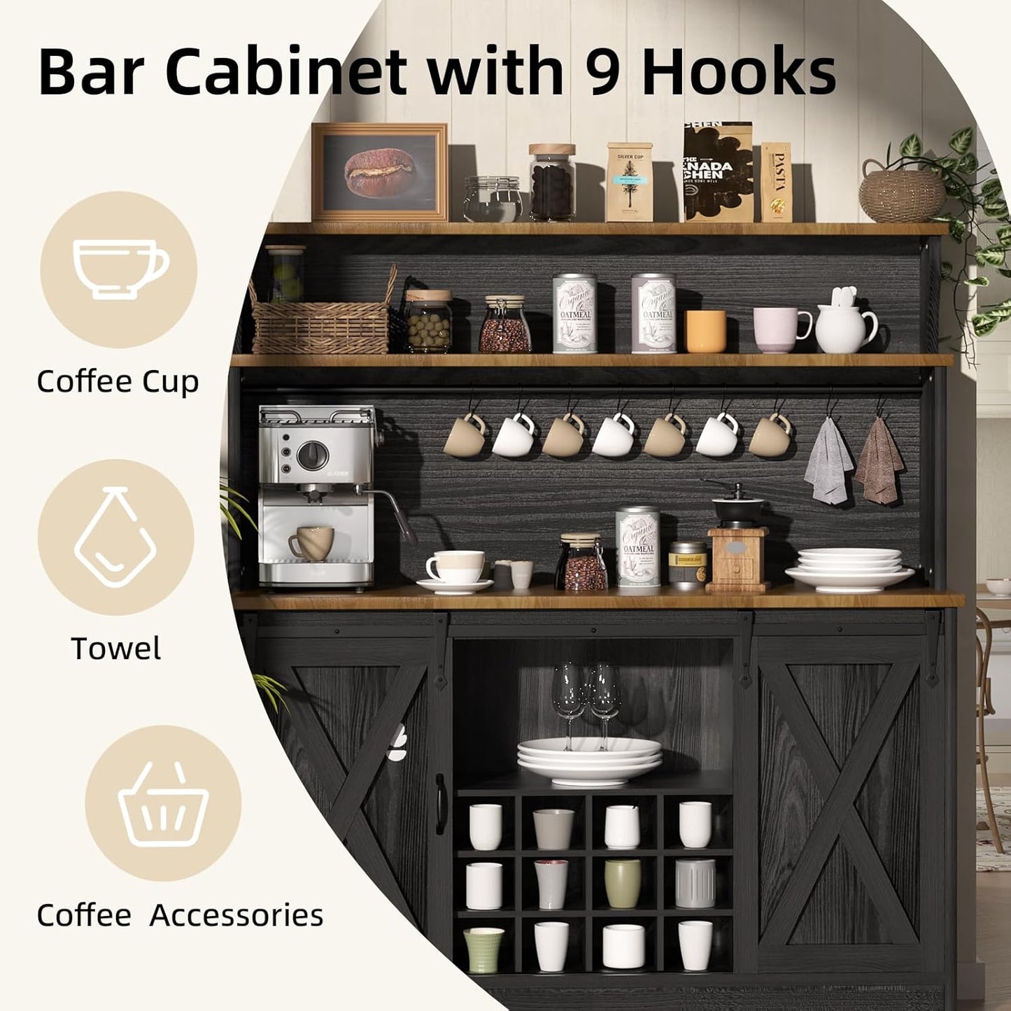 55'' Farmhouse Coffee Bar Cabinet with 3 Tier Storage Hutch, Coffee Bar Station with Sliding Barn Door, Hutch Storage Cabinet with 12 Wine Racks & 9 Hooks for Kitchen Dining Living Room