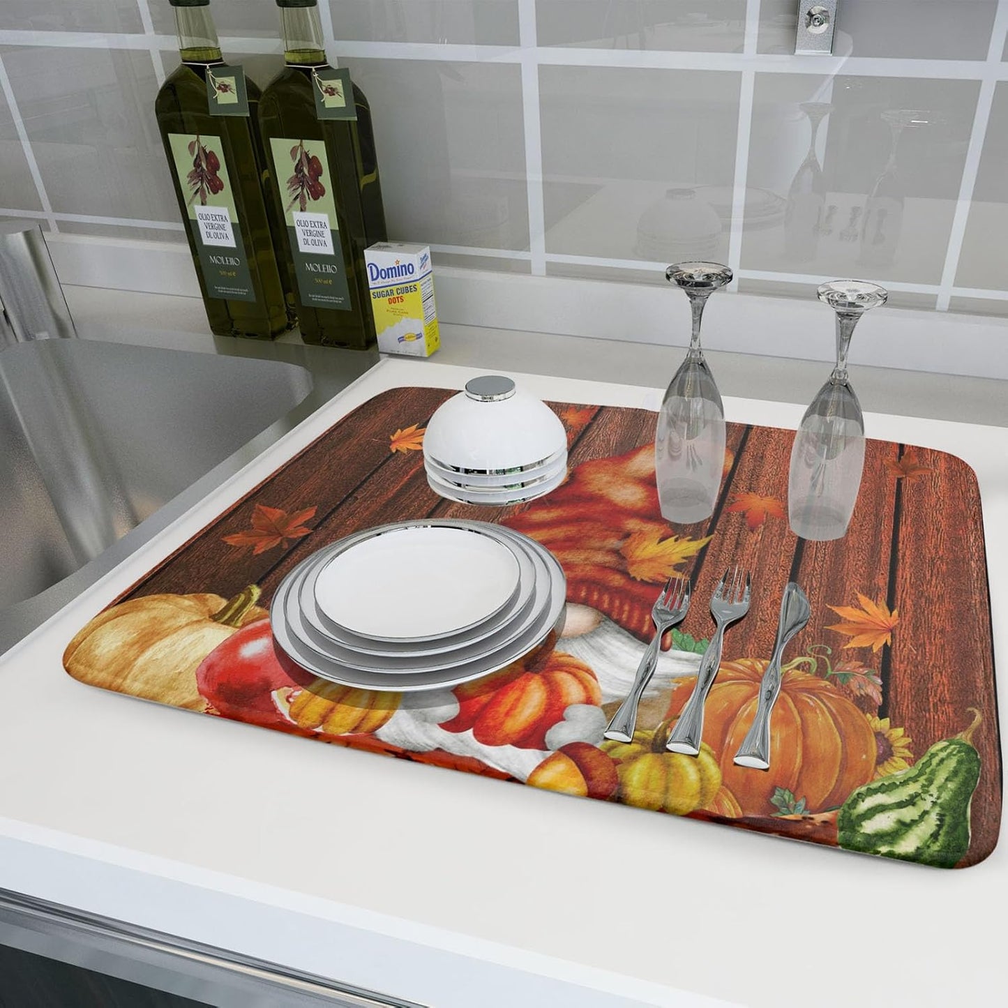 Fall Gnome Dish Drying Mat for Kitchen Counter,Autumn Pumpkin Maple Leaves Drying Mat 18 x 24 Inch Microfiber Dark Brown Wood Dish Drying Pad Dish Rack Drainer Mat Thanksgiving Day Decor