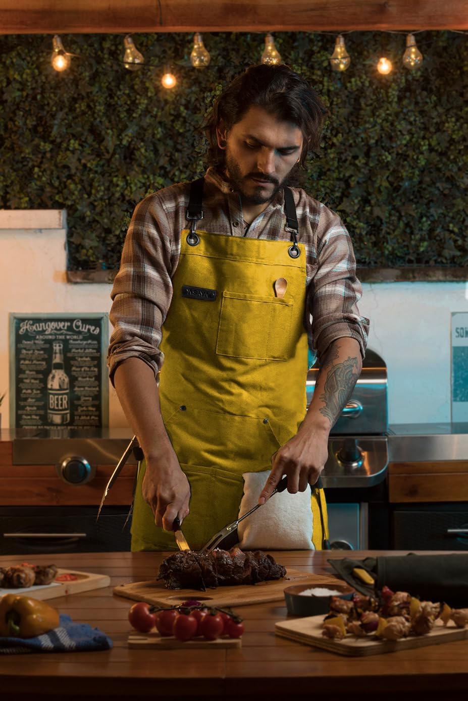 Asaya Chef and BBQ Apron with Bottle Opener and Hand Towel - 10oz Cotton Canvas, Stainless Steel Hardware - Cross Back Straps