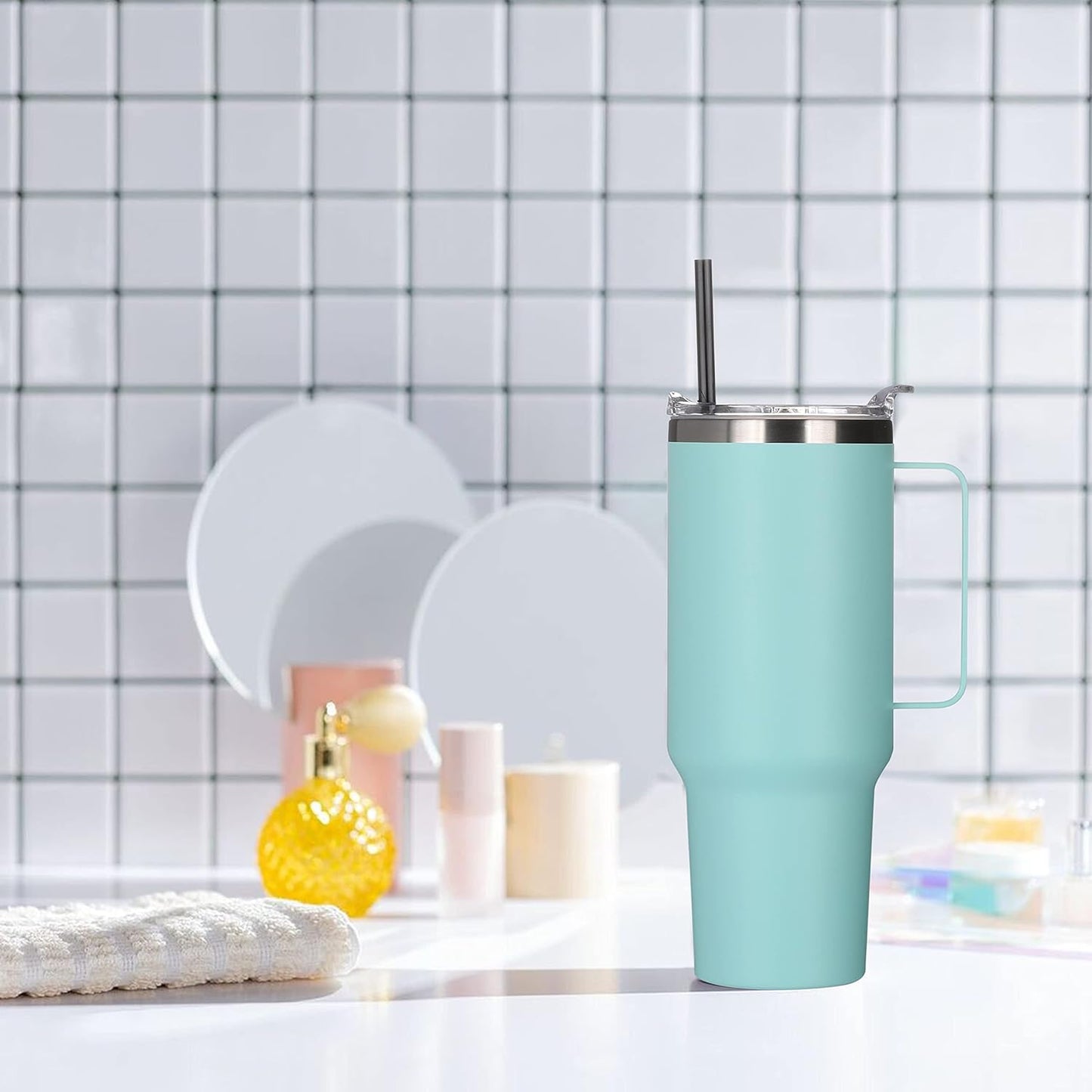 HASLE OUTFITTERS 40 oz Stainless Steel Tumbler with Handle, Vacuum Insulated Tumblers Bulk, Reusable Double Wall Travel Coffee Mug, Durable Powder Coated Water Bottles(Mint Green, 8)