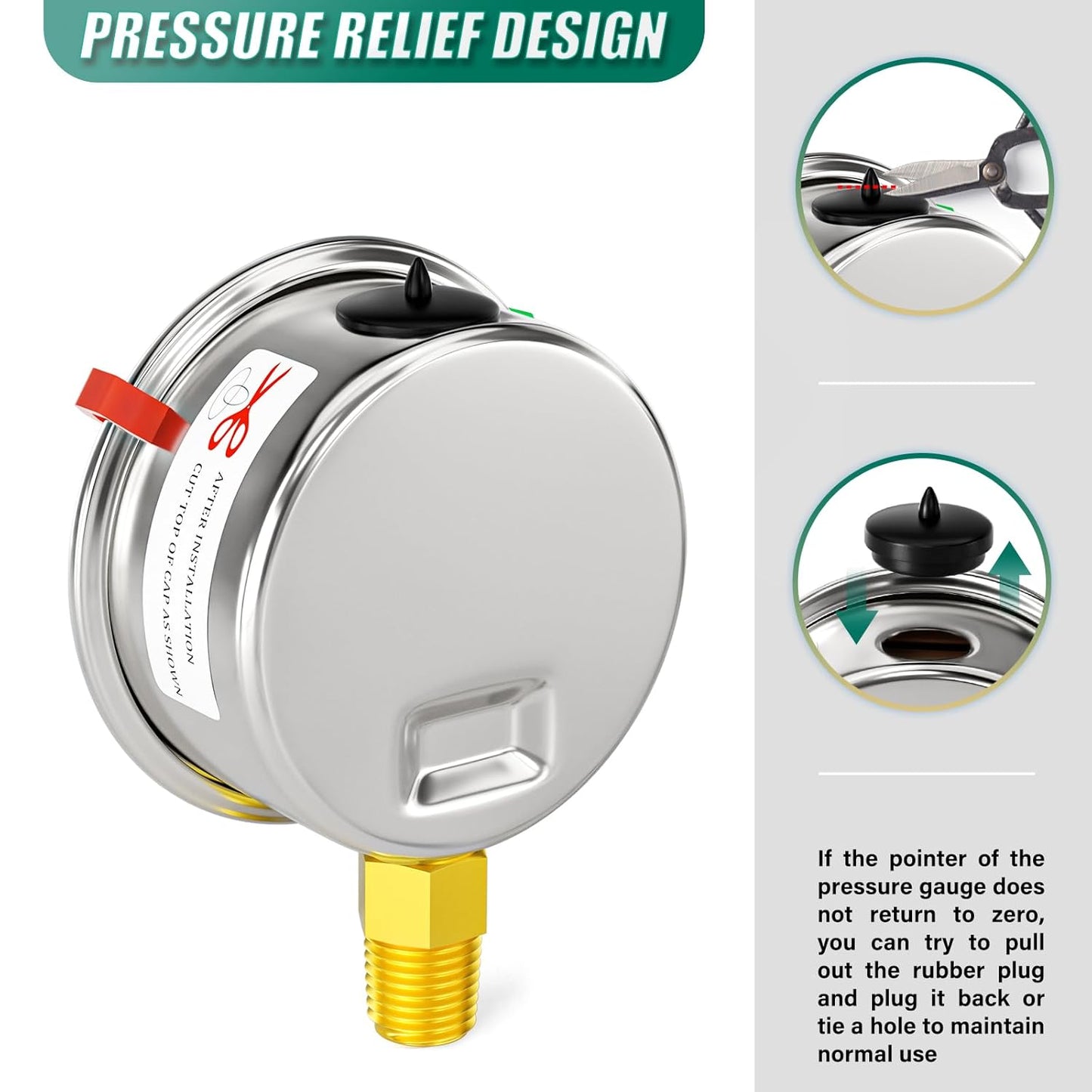 -30inHG-60psi Stainless Steel Glycerin Liquid Filled Vacuum Pressure Gauge 1/4" NPT 2.5" Face Dial Center Lower Mount, for Water, Oil and Air Pressure Testing (with Range Mark Pointer)