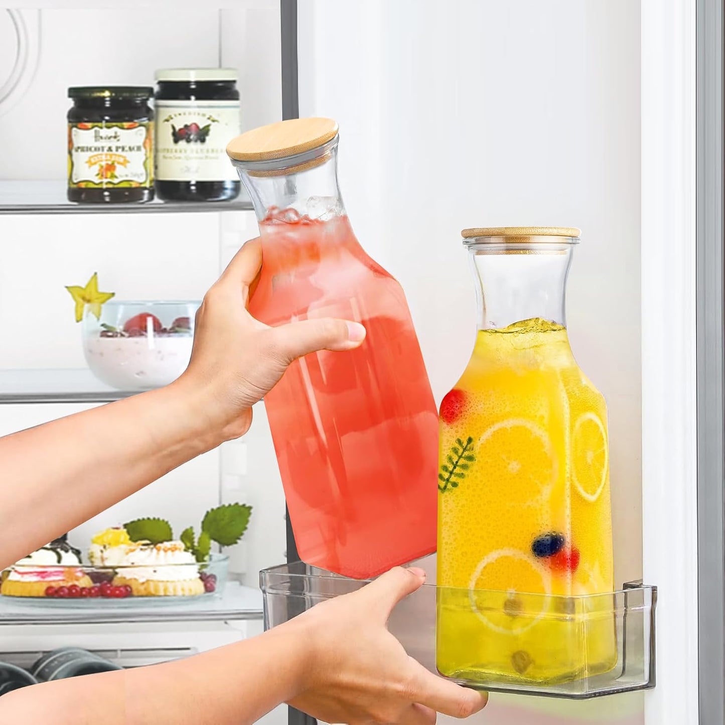 35 Oz Square Glass Carafe with Bamboo Lid, Beverage Dispensers,Mimosa Bar Supplies,Clear Glass Pitcher with Name Labels for Iced Tea,Coffee,Juice(Pack of 2)