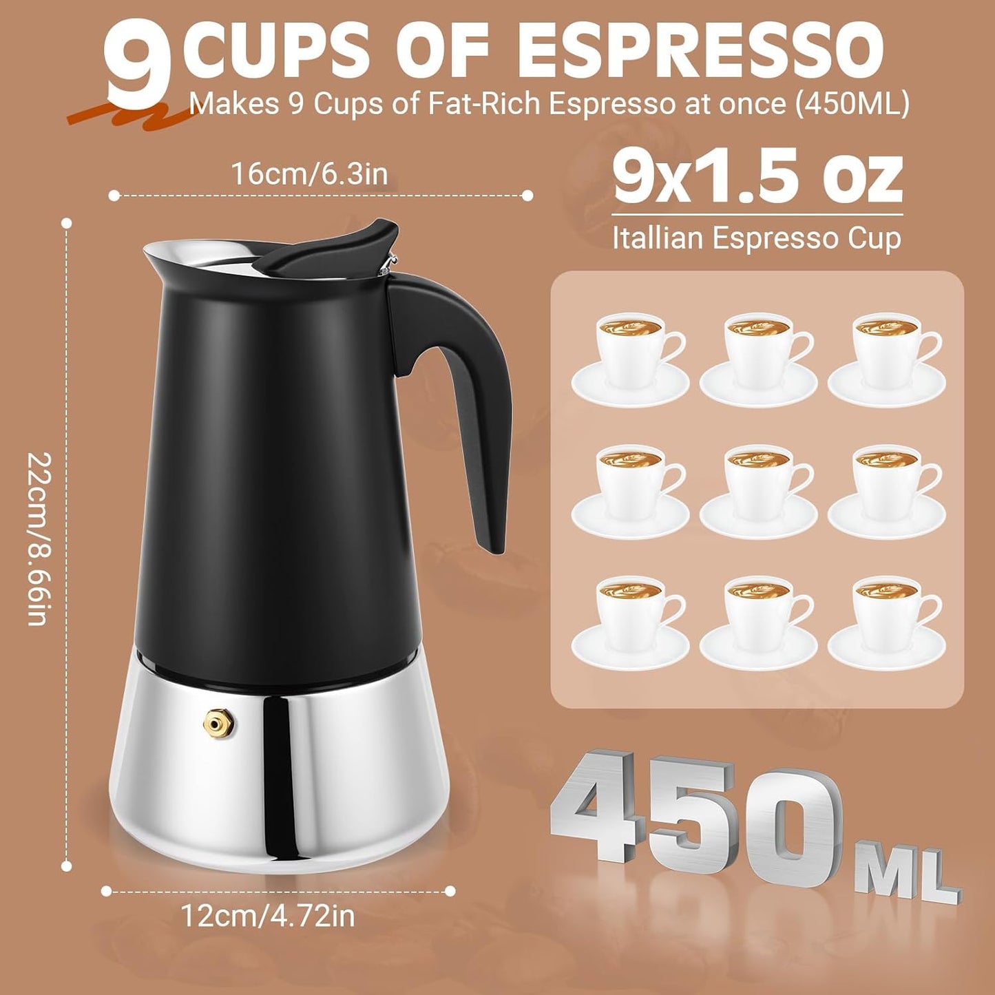 Moka Pot, 9 Cups (15.9 oz) Stovetop Espresso Maker, 304 Stainless Steel Moka Pot, Induction Compatible, Black