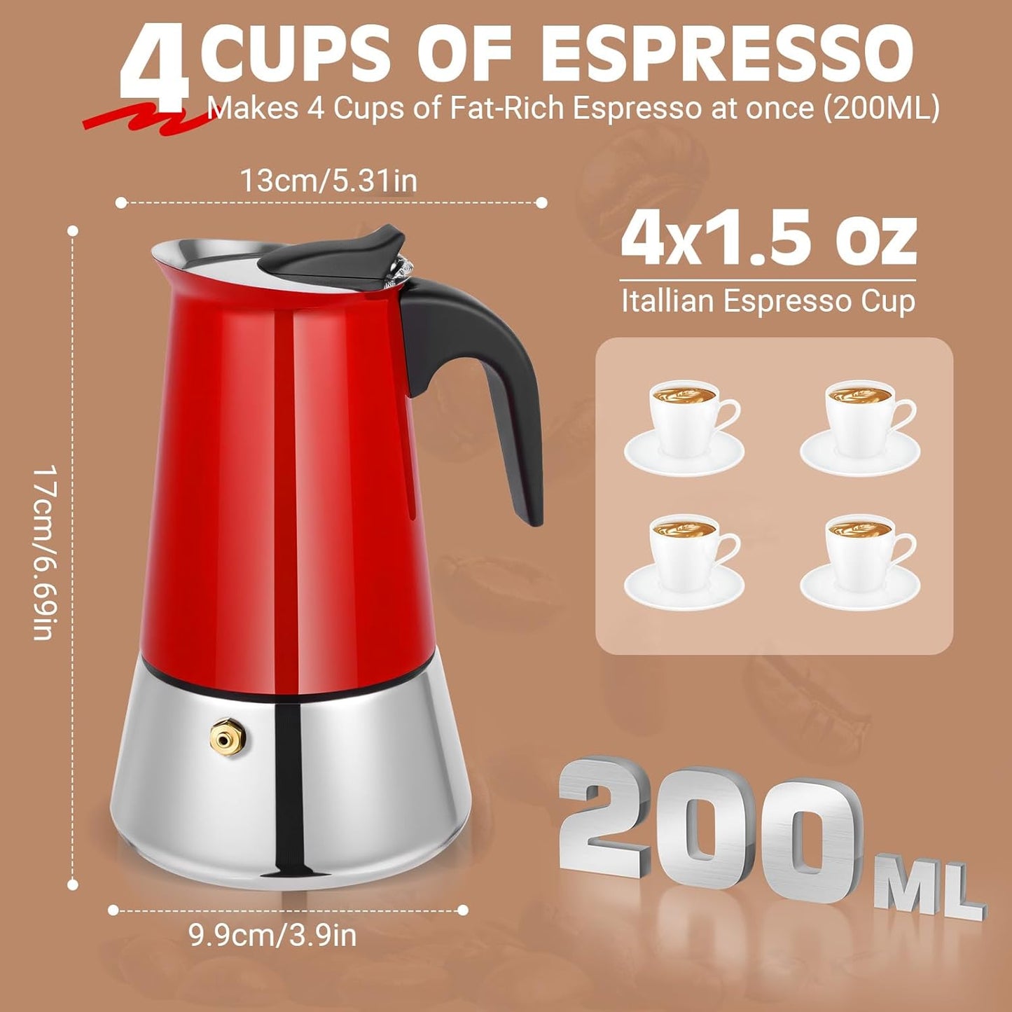 Moka Pot, 4 Cups (7.1 oz) Stovetop Espresso Maker, 304 Stainless Steel Moka Pot, Induction Compatible, Red