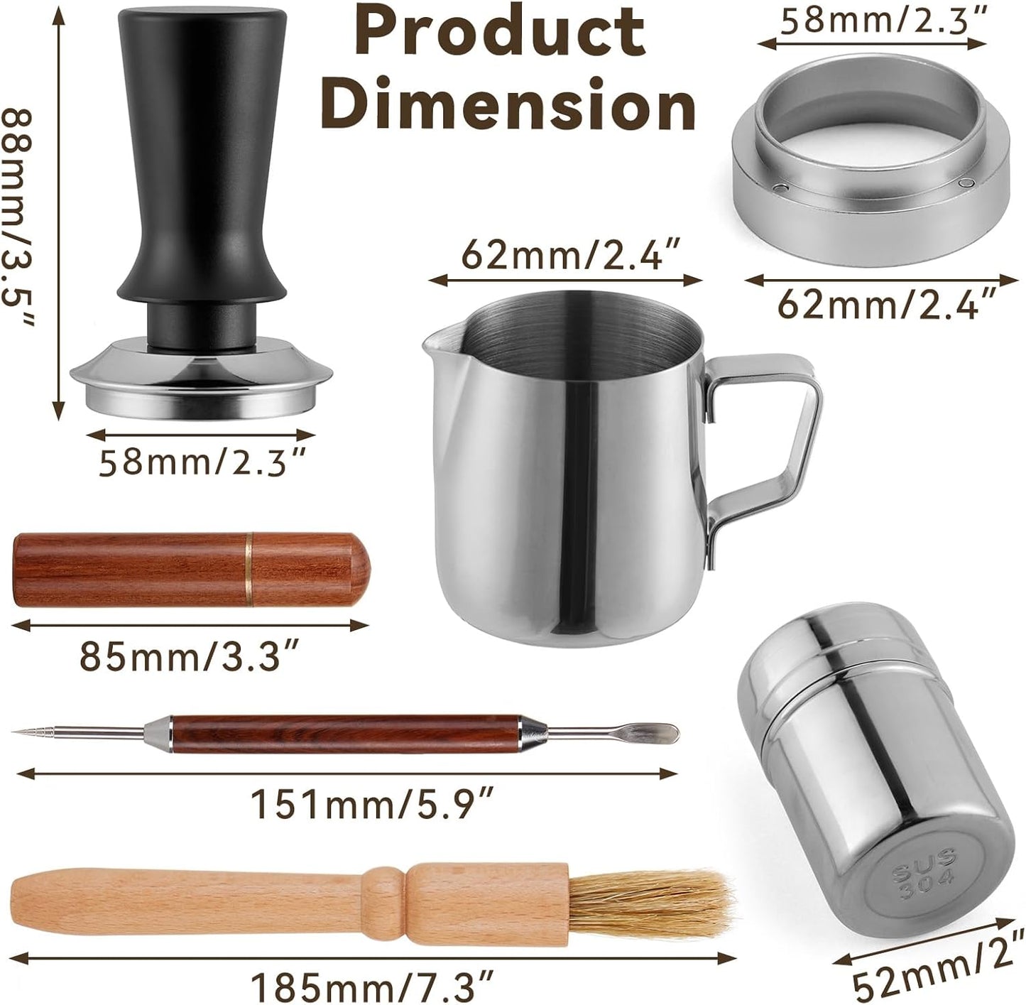 Espresso Tamper Set, Barista Tools Kit for 58mm Coffee Machine and Portafilters, Spring-Loaded 304 Stainless Steel Base 30lbs Coffee Calibrated Tamper Tools for Enjoying cafes Home Office hotels(58mm)
