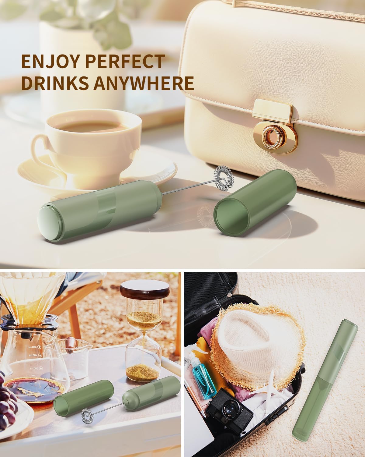 CIRCLE JOY Portable Milk Frother Hanheld, Battery Operated Electric Coffee Frother Wand Drink Mixer for Matcha Lattes Cappuccino, Kitchen Gifts, Green