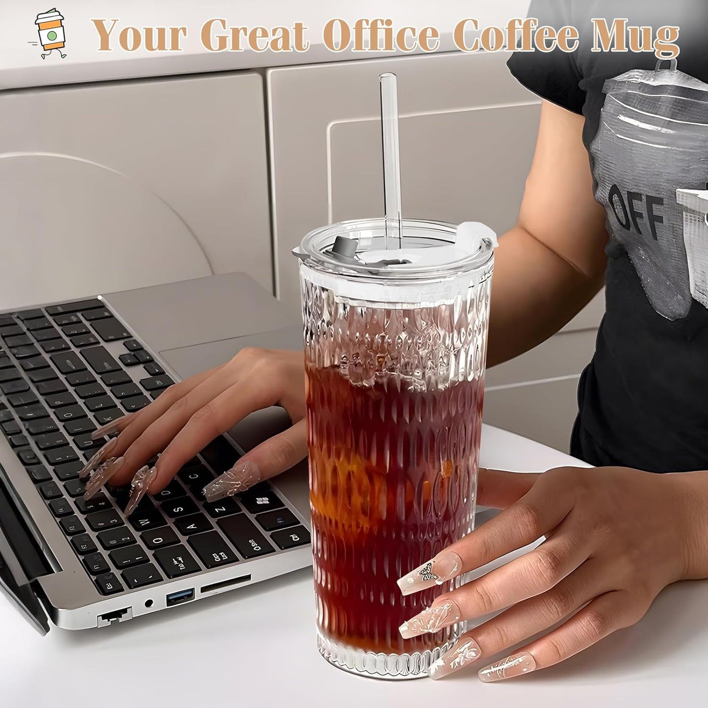 2 Pack Glass Tumblers with Lids and Straws 18oz: Leak-Proof Drinking Glasses with Airtight Lid, Stylish Water Ripple Design, Reusable Glass Iced Coffee Cups for Cold Drinks, Car Holder Fit