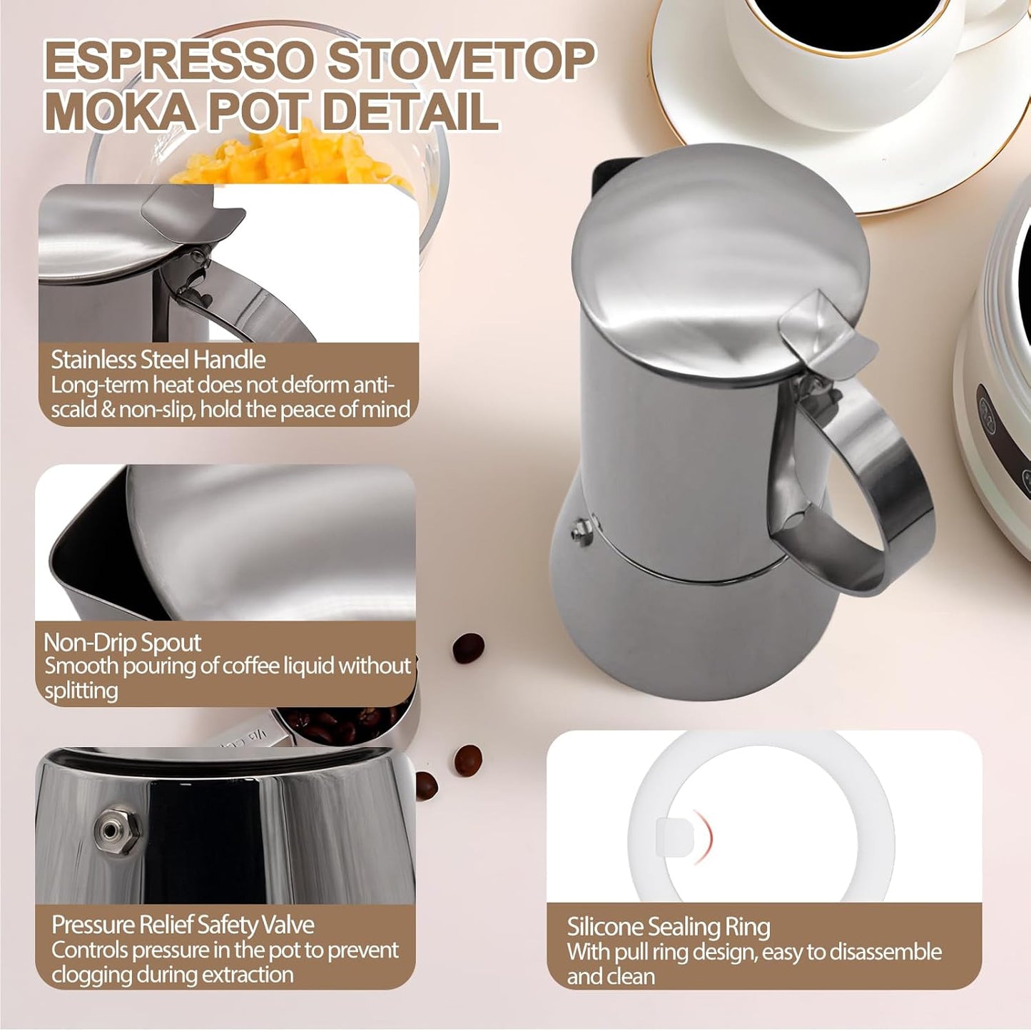 Uncoated 6 Cup Moka Pot 304 Thickened Stainless Steel Coffee Maker Stovetop Espresso Coffeemaker Italian Classic Style Brewing Greca Cafe Mocha Machine for Cafeteras Camping Travel Home 300ml 10oz