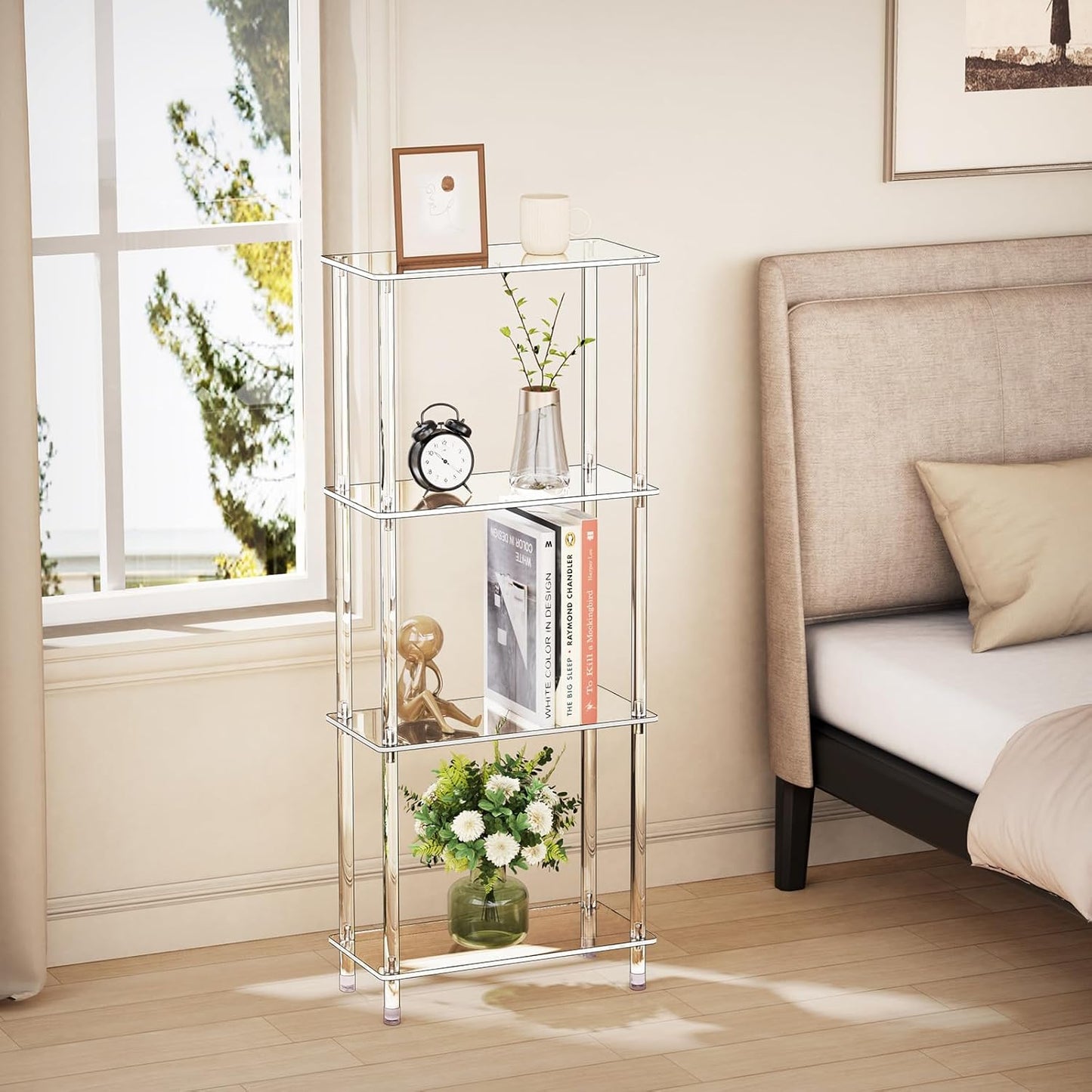 Clear Acrylic Narrow Side Table for Small Spaces, 15.75" L x 7.87" W x 38.7" H, 4 Tier Rectangle Slim End Table Nightstand, Small Mini Skinny Bedside Table for Bedroom, Bathroom, Living Room