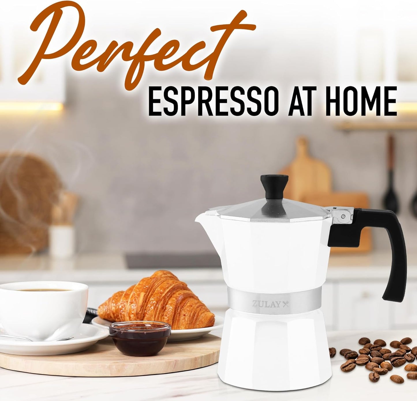 Zulay Moka Pot Espresso Stovetop Coffee Maker - Leak-Proof, Stainless Steel, Easy to Clean, Heat Resistant Handle & Knob - for Authentic Cuban & Italian Style Espresso - Makes 3 Espresso Cups - White