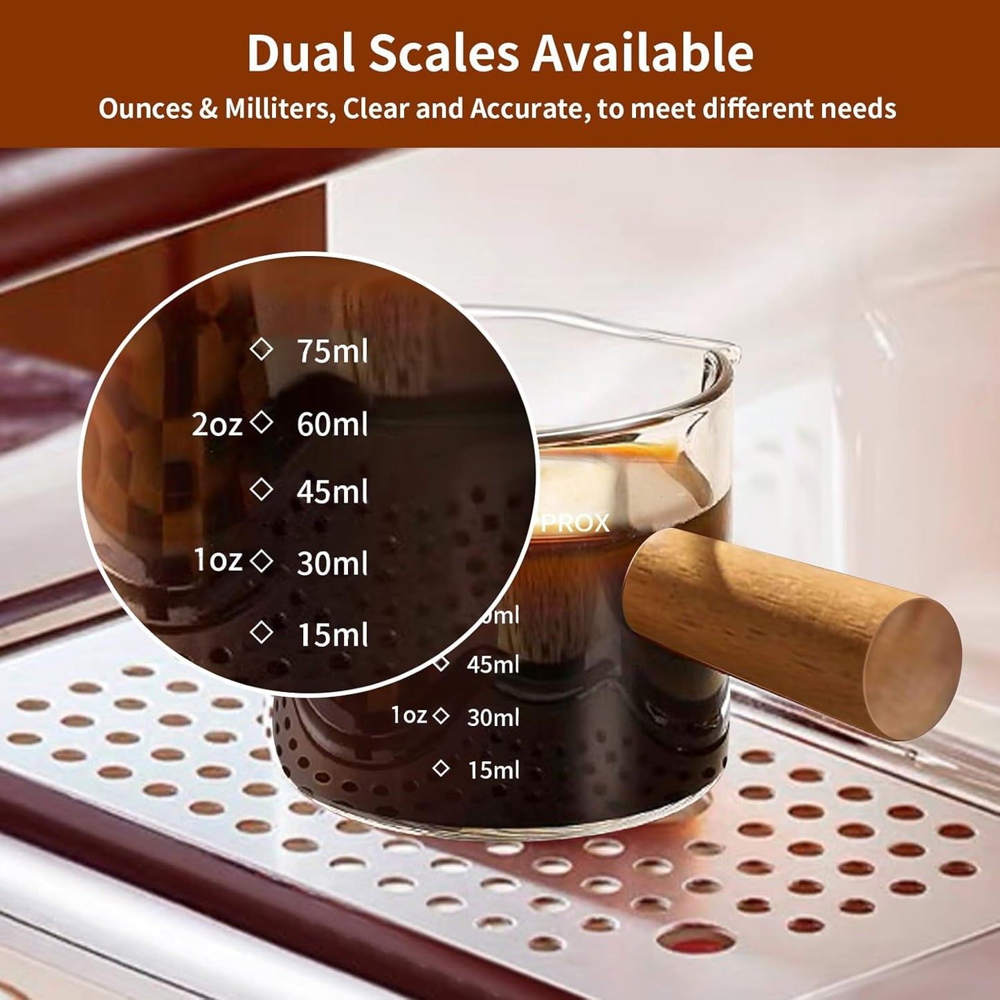YARRAMATE 3.4oz Espresso Cups with Wood Handle, Clear Glass Espresso Accessories, Double Spout Measuring Cup with Dual Scale, Espresso Shot Glass with V-Shaped Spout