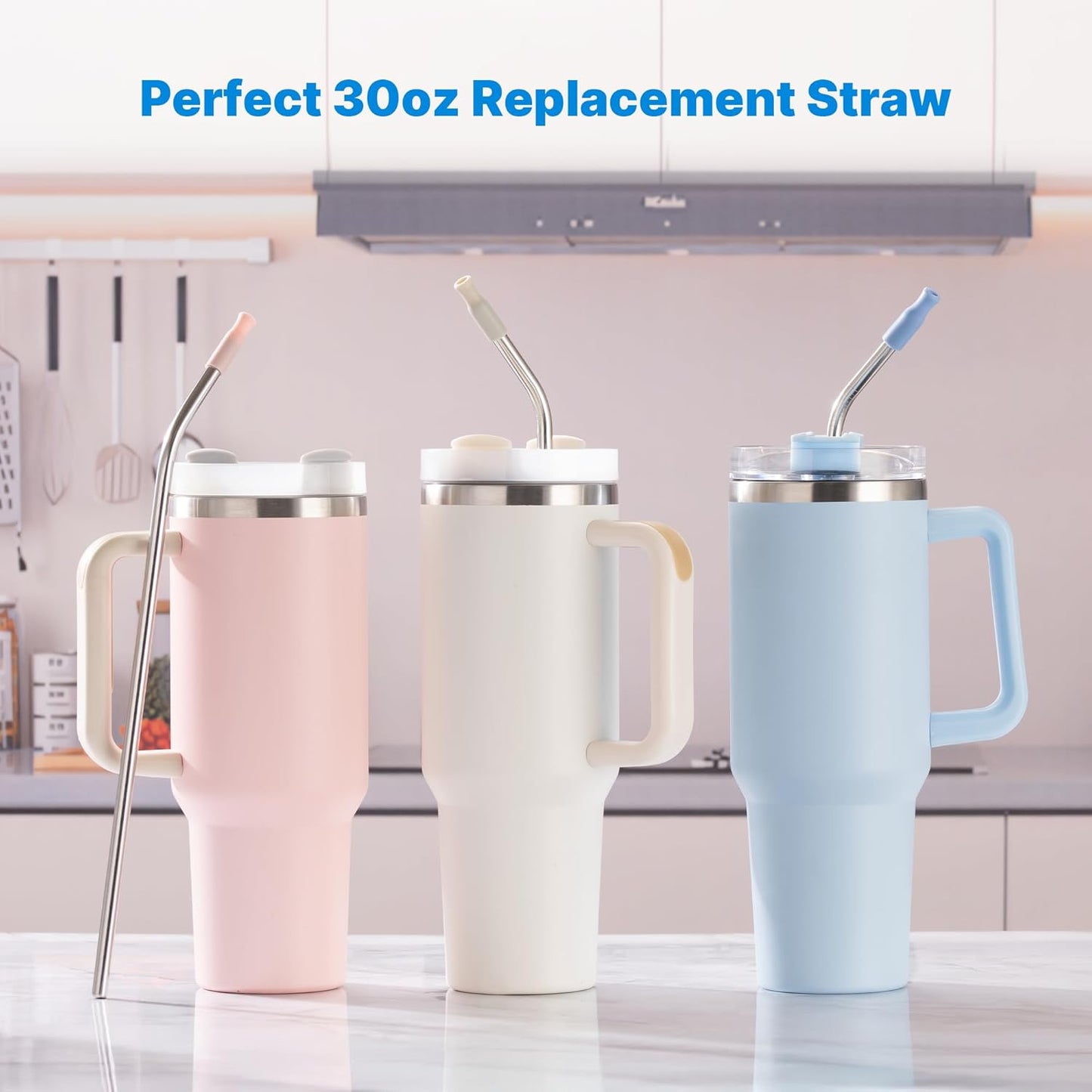 Repeatable Metal Straw with Silicone Tips for 30 oz Stanley Tumbler, 2 Pcs 30 oz Stainless Steel Straws Replacement for Stanley Tumbler, 1 Straw Brush, BPA Free(Black)
