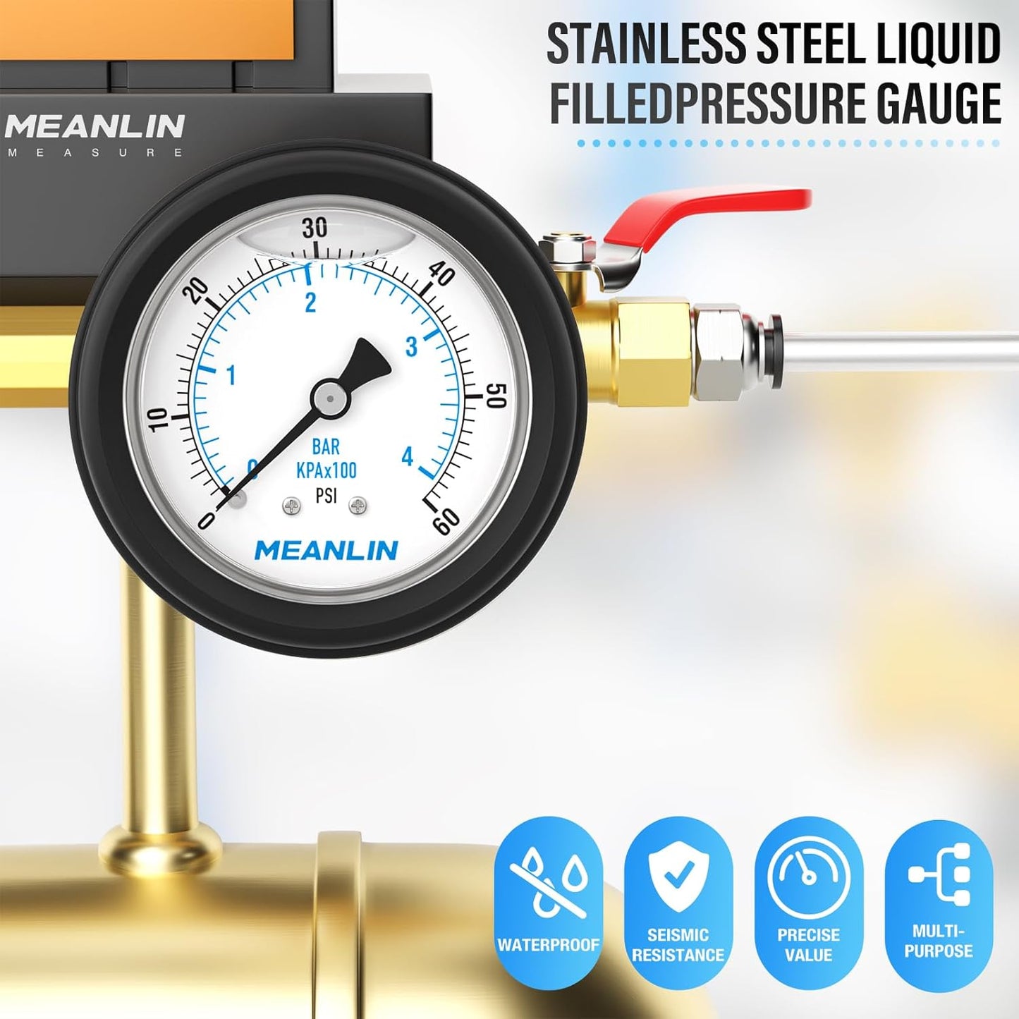 MEANLIN MEASURE 0~60Psi Stainless Steel Liquid Filled Pressure Gauge 1/4" NPT 2.5" FACE DIAL with Rubber Protective Sleeve, Center Back Mount