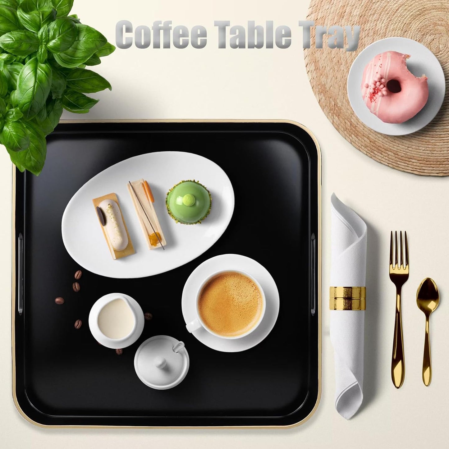 Black Square Decorative Tray with Handles, 13"*13" Versatile Serving Tray for Coffee Table, Ottoman, Ideal for Serving, Displaying, Organizing