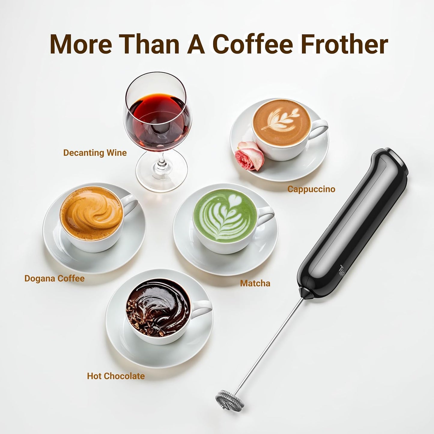 InstaWhisk Milk Frother with Variable Speed, Battery Operated Handheld Coffee Foam Frother Wand, Electric Drink Mixer with Stand & Detachable Double Whisk, Stainless Stirrer for Latte, Matcha, Protein