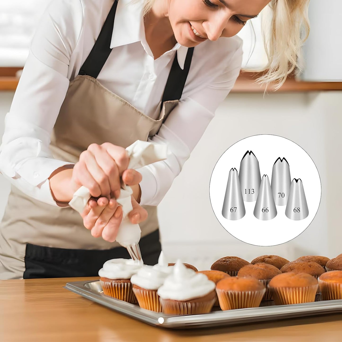 5PCS Piping Tips, Stainless Steel Cake Decorating Tips, Suitable for Pastry Fondant Cupcakes, with 50PCS Piping Bags, 1PCS Cleaning Brush