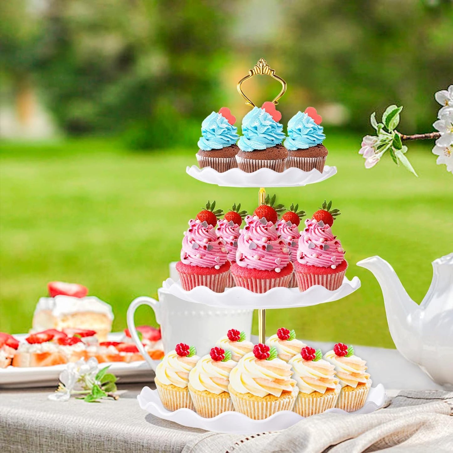 3 Tier Cupcake Stand Holder, Plastic Cup Cake Stand Towel with Tiered Serving Tray for Cupcakes, Donuts, Fruits and More, White (White)