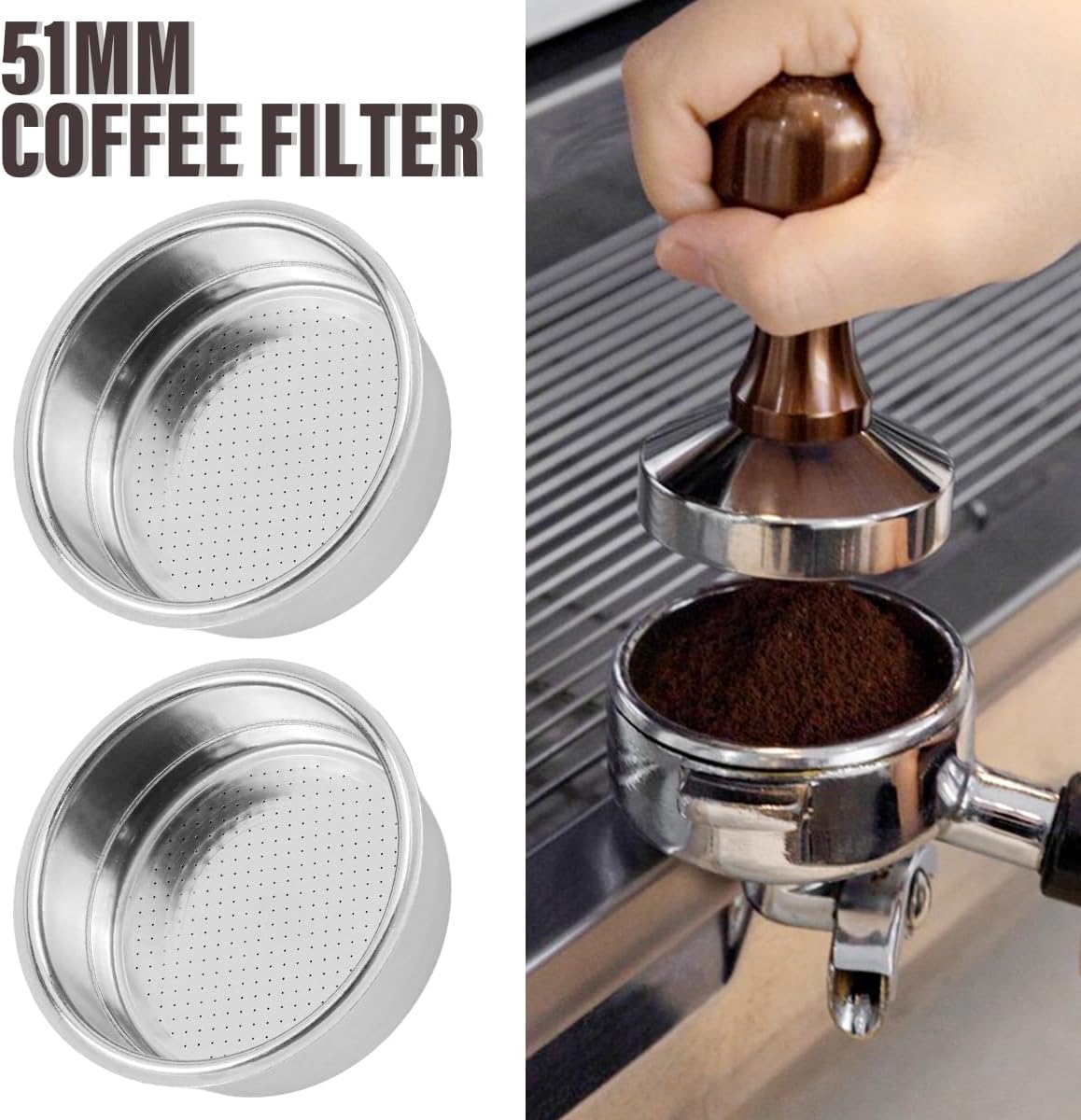 51mm Coffee Filter Basket, Stainless Steel Coffee Filter, Double Layer Pressurized Espresso Maker Accessories, 2PCS
