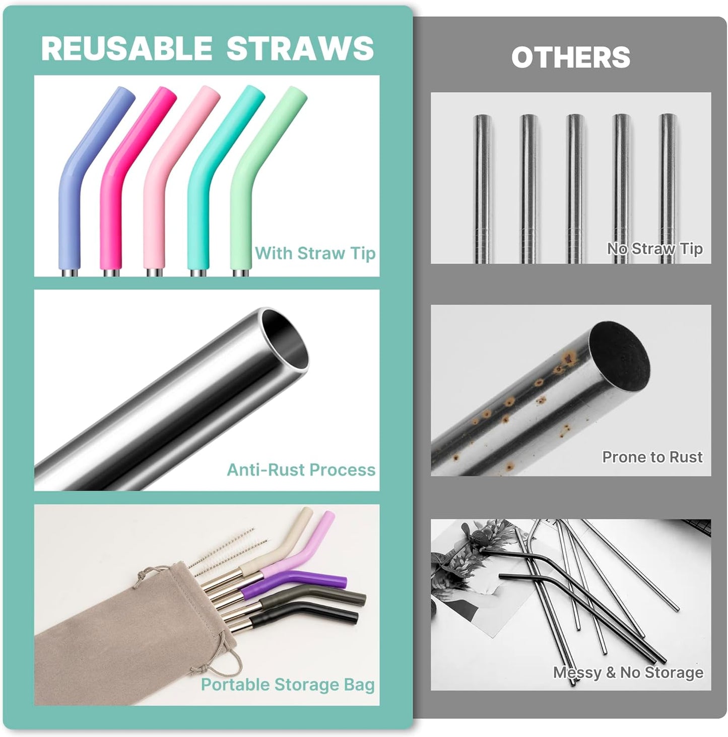 Metal Straw for Stanley Quencher Cup, Simple Modern, Meoky 40 oz Tumbler, 5 PCS Straight Reusable Stainless Steel Straws with Silicone Tips, Cleaning Brushes