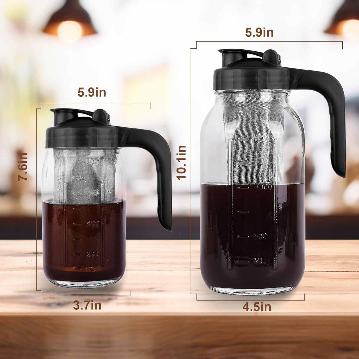 Cold Brew Coffee Maker Pitcher, 64 Oz Heavy Duty Glass Mason Jar Pitcher with V-shaped Pour Spout Handle Lid,Stainless Steel Filter for Iced Coffee,Iced tea,Fruit Drinks,lemonade - Black