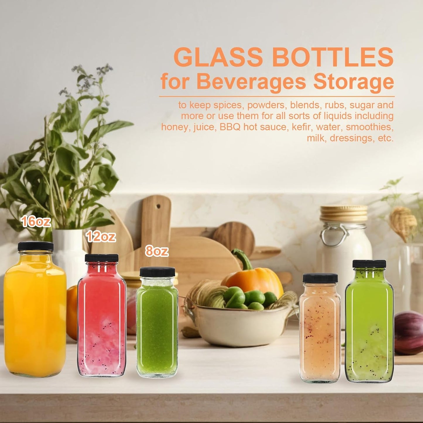 6 pack 8 oz Glass Juice Bottles with Lids, 250 ml Reusable Glass Water Bottles, Empty Drink Containers Drinking Jars with Brush, for Milk, Juicing, Kombucha, Ginger