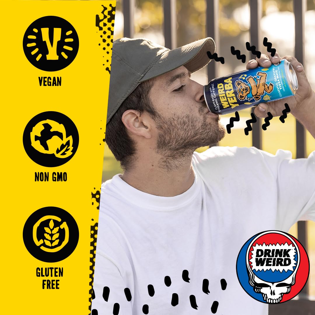 Drink Weird Organic Grateful Grapefruit Yerba Mate โ 16oz Cans, 160mg Organic Caffeine, Pack of 12 โ Grateful Dead Collab, Healthy Energy Drink Alternative