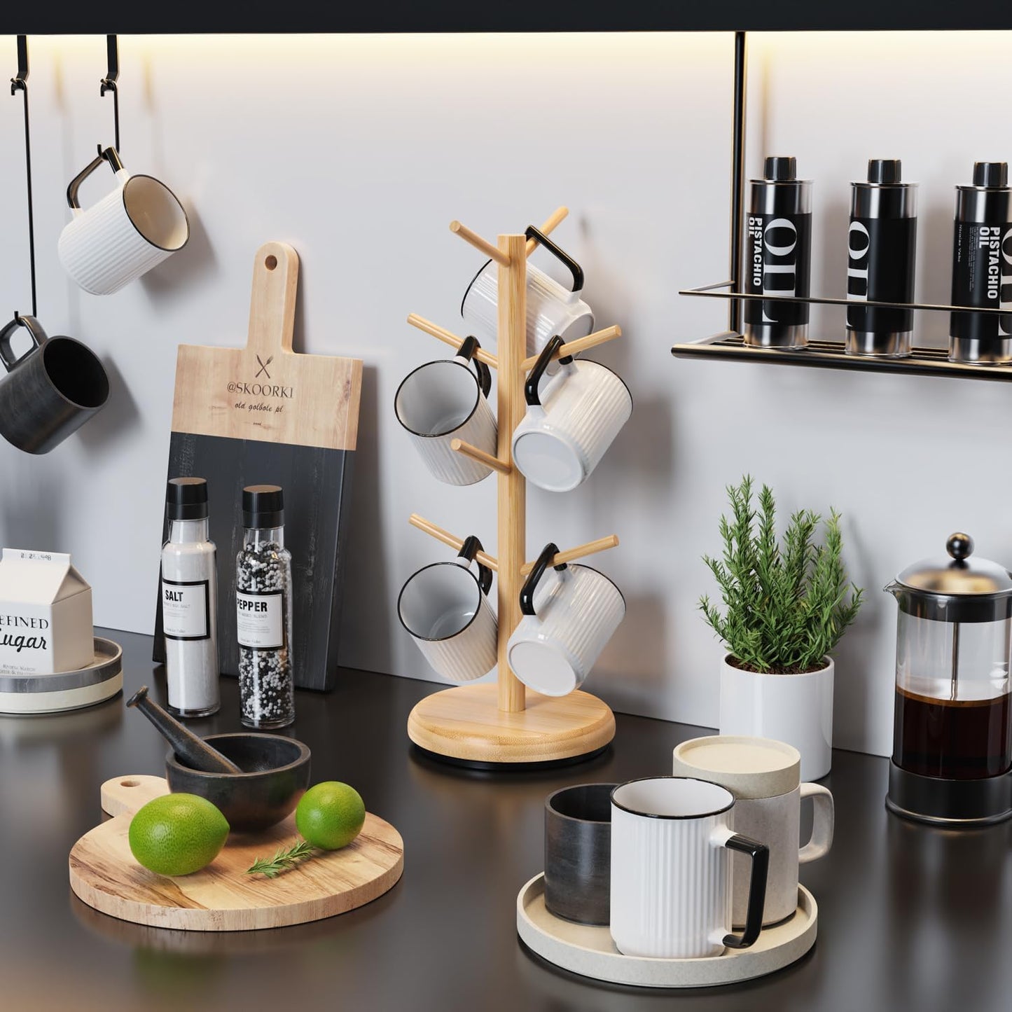 BAMBANG Mug Holder Tree, 360° Rotating 8 Hooks Coffee Cup Holder for Counter Top, Bamboo Coffee Mug Rack Stand for Kitchen Countertop Home, Natural