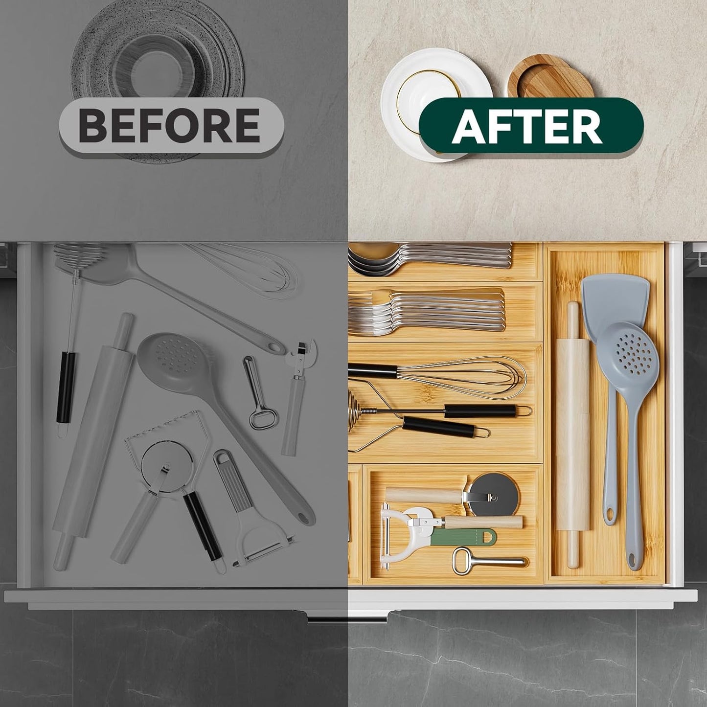 Bamboo Kitchen Drawer Organizer, Stackable Utensil Holder Silverware Organizer Cutlery Tray - 2PCS Organizer Bins for Makeup Jewelries Flatware in Bathroom, Office Desk, Cabinets, 15x6x2 inch