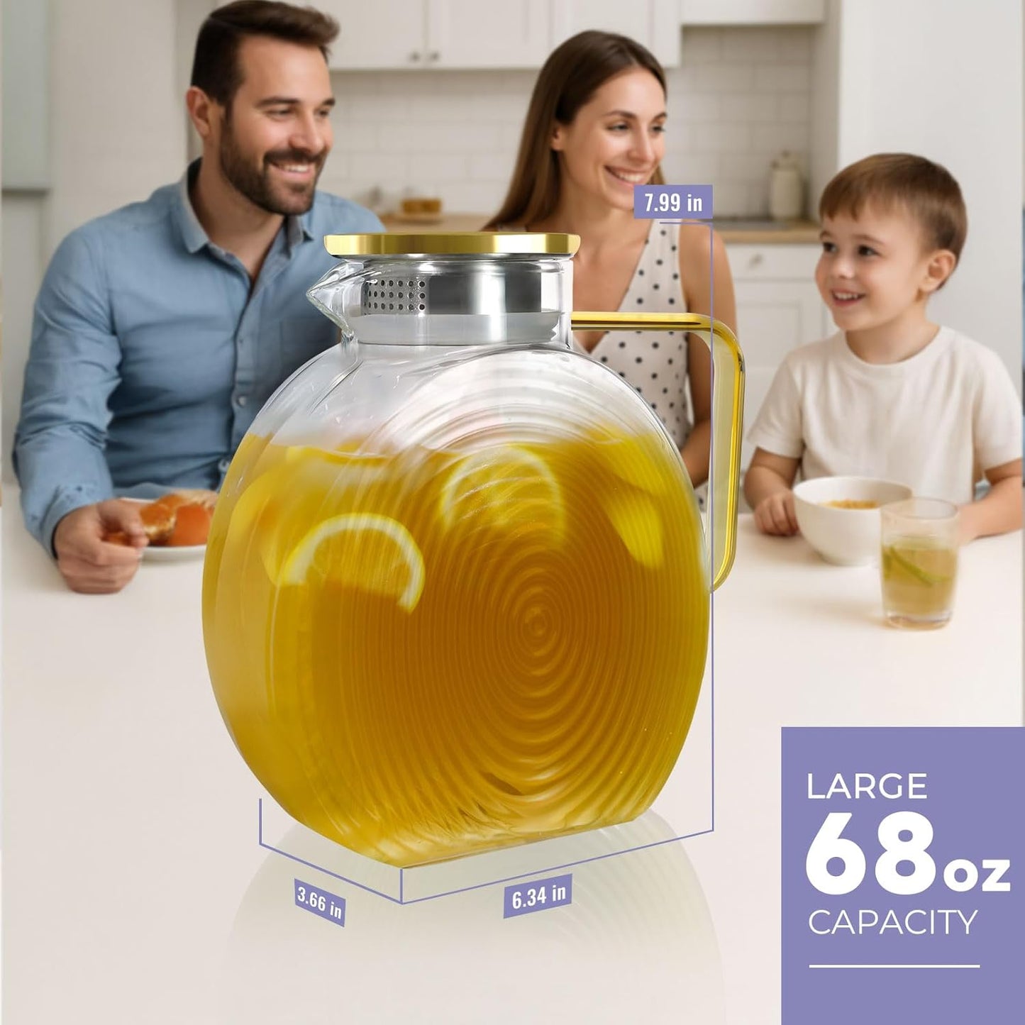 Glass Pitcher With Lid, 2 Liter 68 oz Glass Water Pitchers With handle and lid, 0.528 Gallon Tea Pitcher For Fridge, Carafe Jug Jar For Hot/Cold Water Iced Tea Juice Coffee Milk Beverage