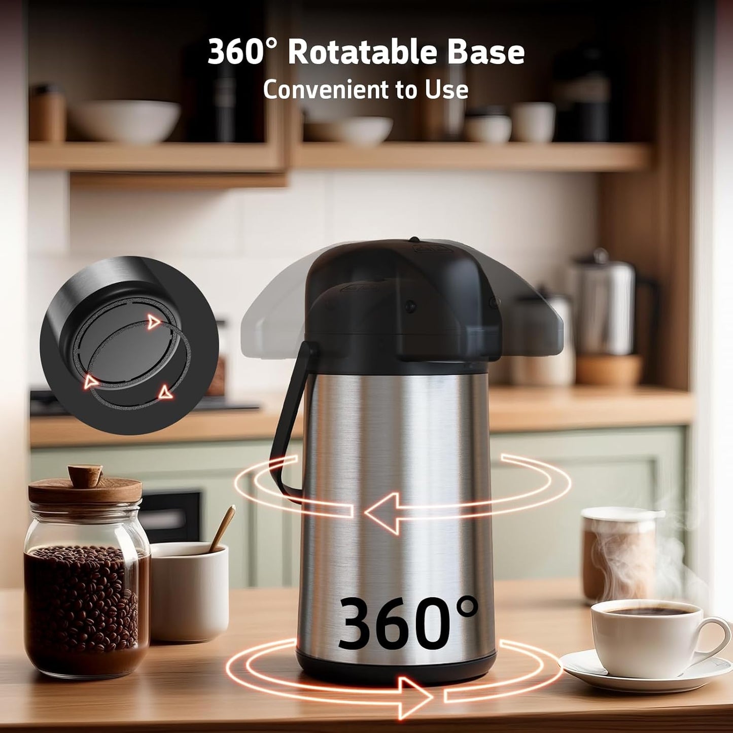 Airpot Coffee Carafe for Keeping Hot - 64 OZ / 1.9L Large Coffee Dispenser with Pump - Insulated Stainless Steel Thermos Urn for Hot Drinks Water Tea Chocolate - Thermal Beverage Dispenser for Parties