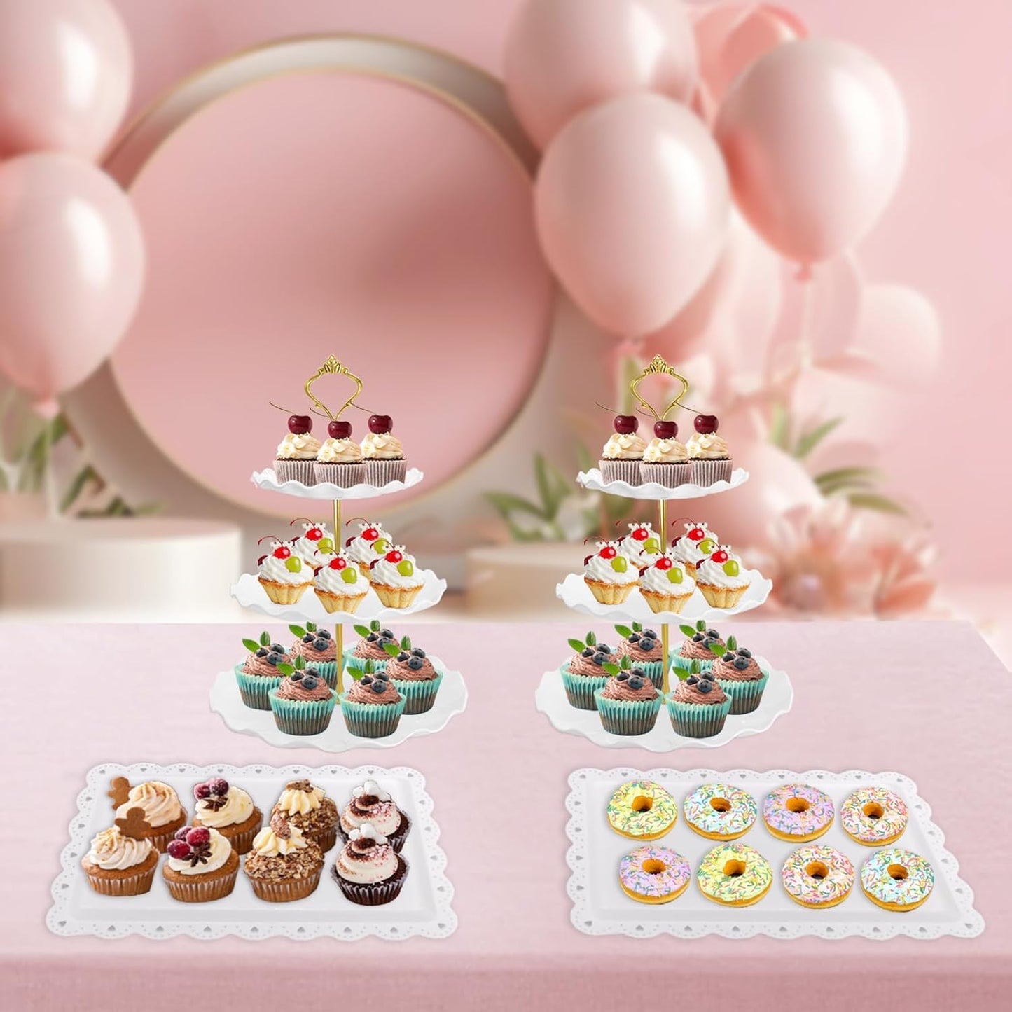 5 Pcs Dessert Table Display Set, White Plastic 2 Pcs Round 3 Tier Cupcake Stand Cup Cake Tower Stand with Metal Rod & 3 Pcs Serving Tray for Baby Shower, Tea Party, Wedding, Birthday Party