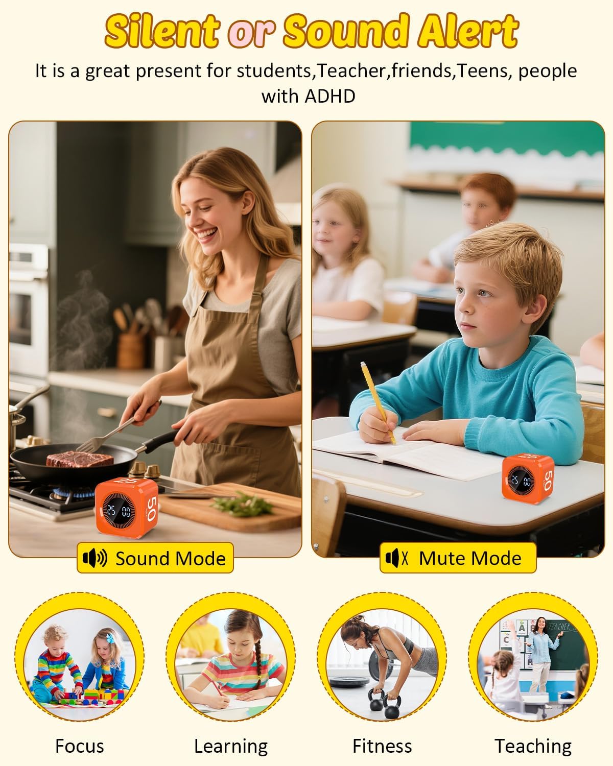 Pomodoro Timer Cube Visual Productivity Flip Timer for Kids Classroom Desk, 5/10/25/50min& Custom Countdown, Silent&Sound Mode Digital Cube for ADHD Study Work School Game Kitchen (Orange)